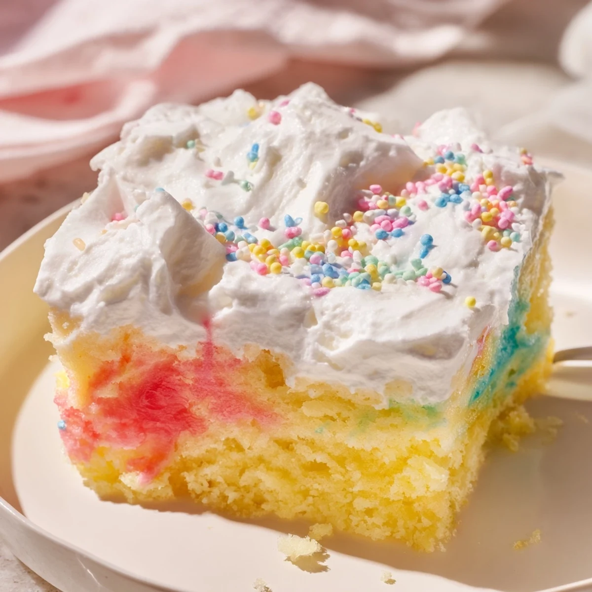 Easter Poke Cake with Vanilla Gelatin and Fruity Topping served chilled with a dollop of cream.