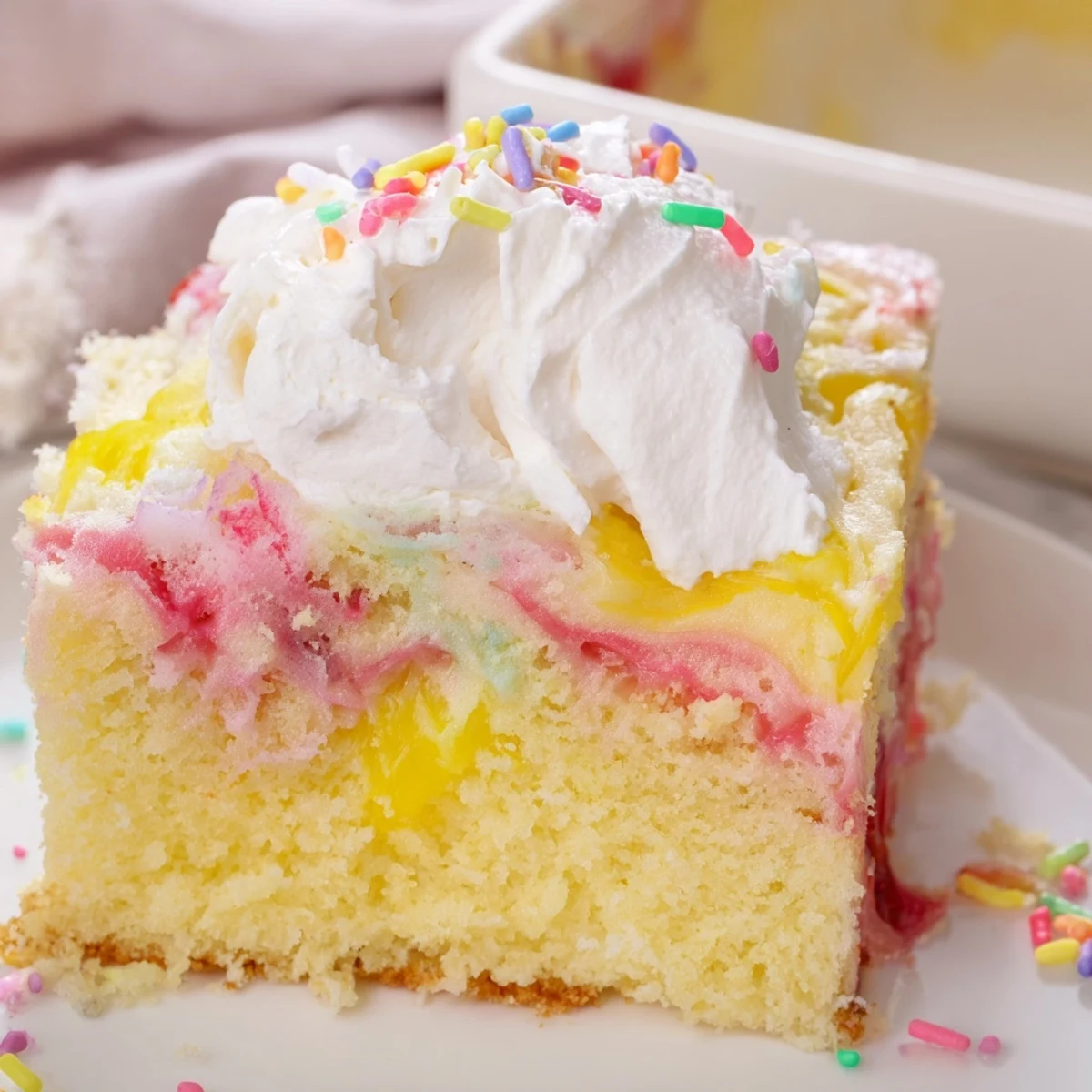 A springtime slice of Easter Poke Cake with Vanilla Gelatin and Fruity Topping, glistening with sweet syrup.