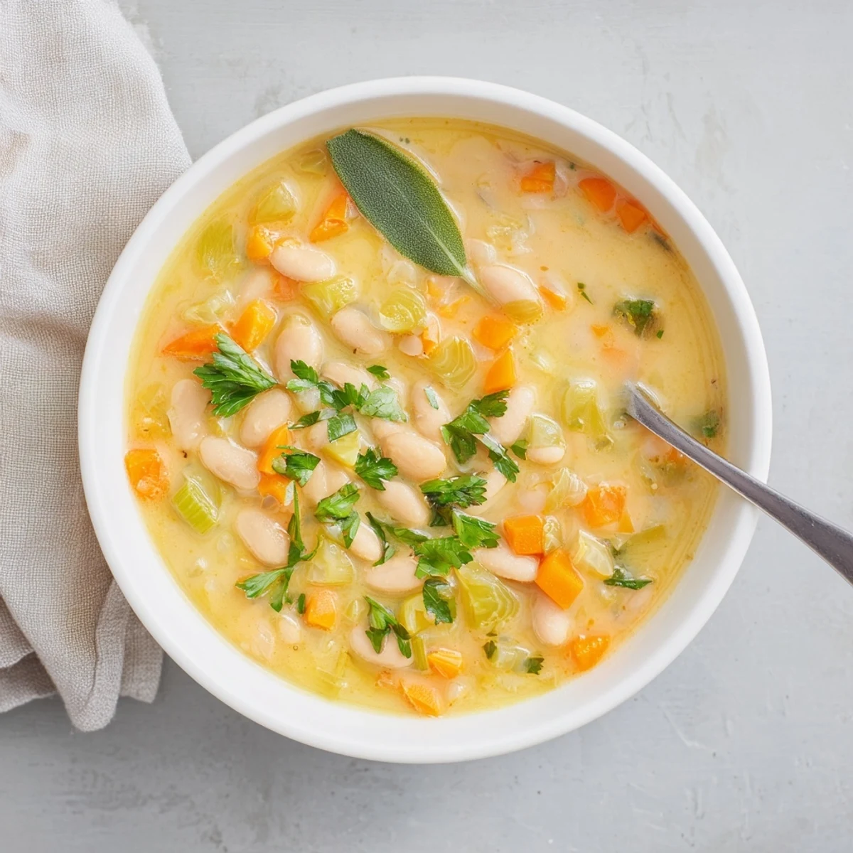 Thick, creamy Cozy Rosemary Garlic White Bean Soup in a white pot, garnished with chopped parsley and lemon zest.