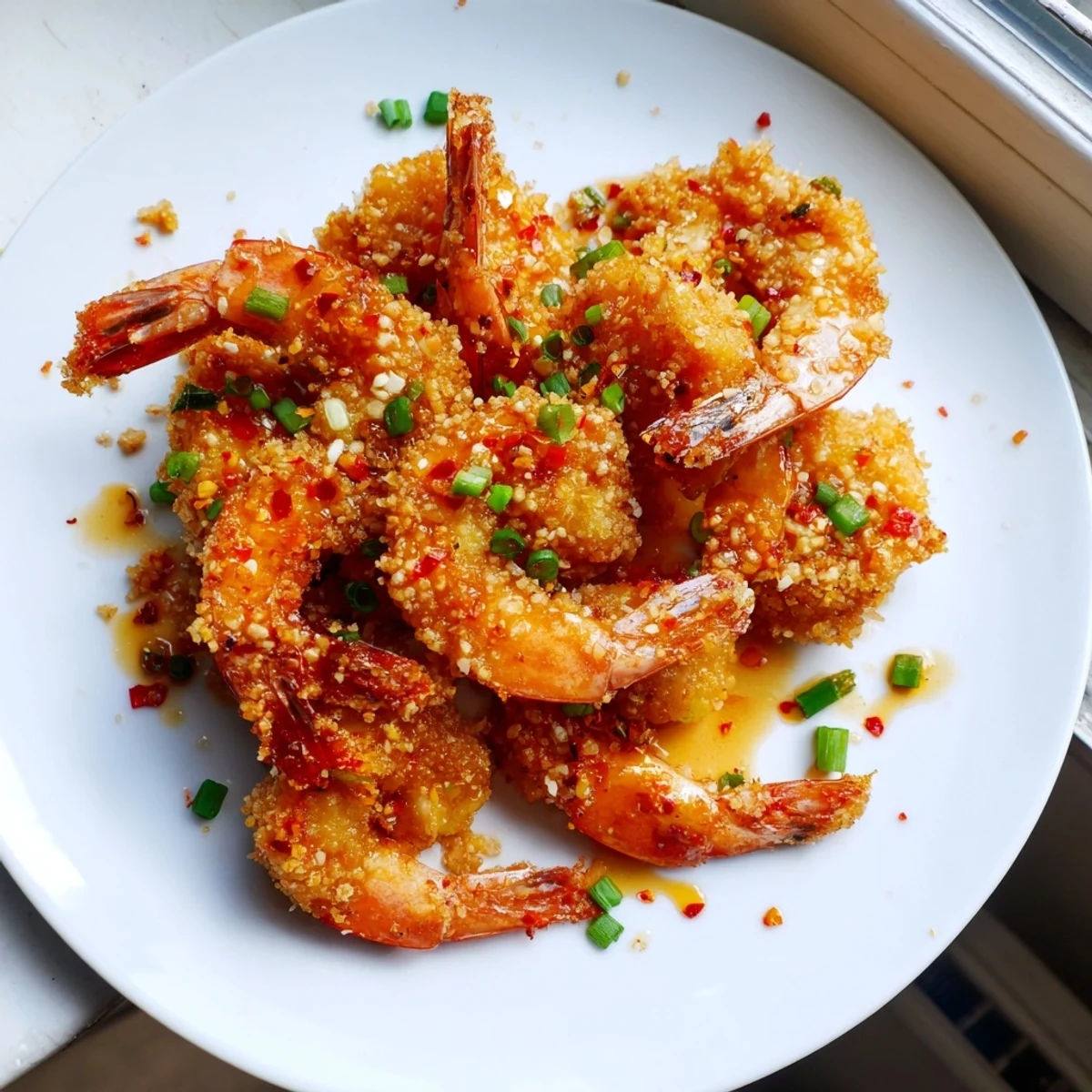 Hot Honey Fried Shrimp served with lemon wedges fresh chives and creamy coleslaw on the side