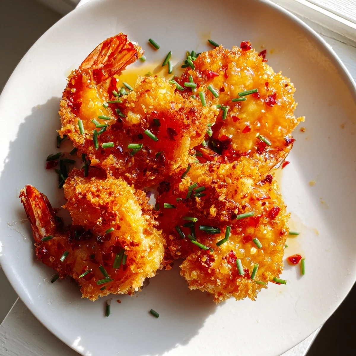 Crispy golden Hot Honey Fried Shrimp glisten in a sweet spicy glaze on a rustic plate