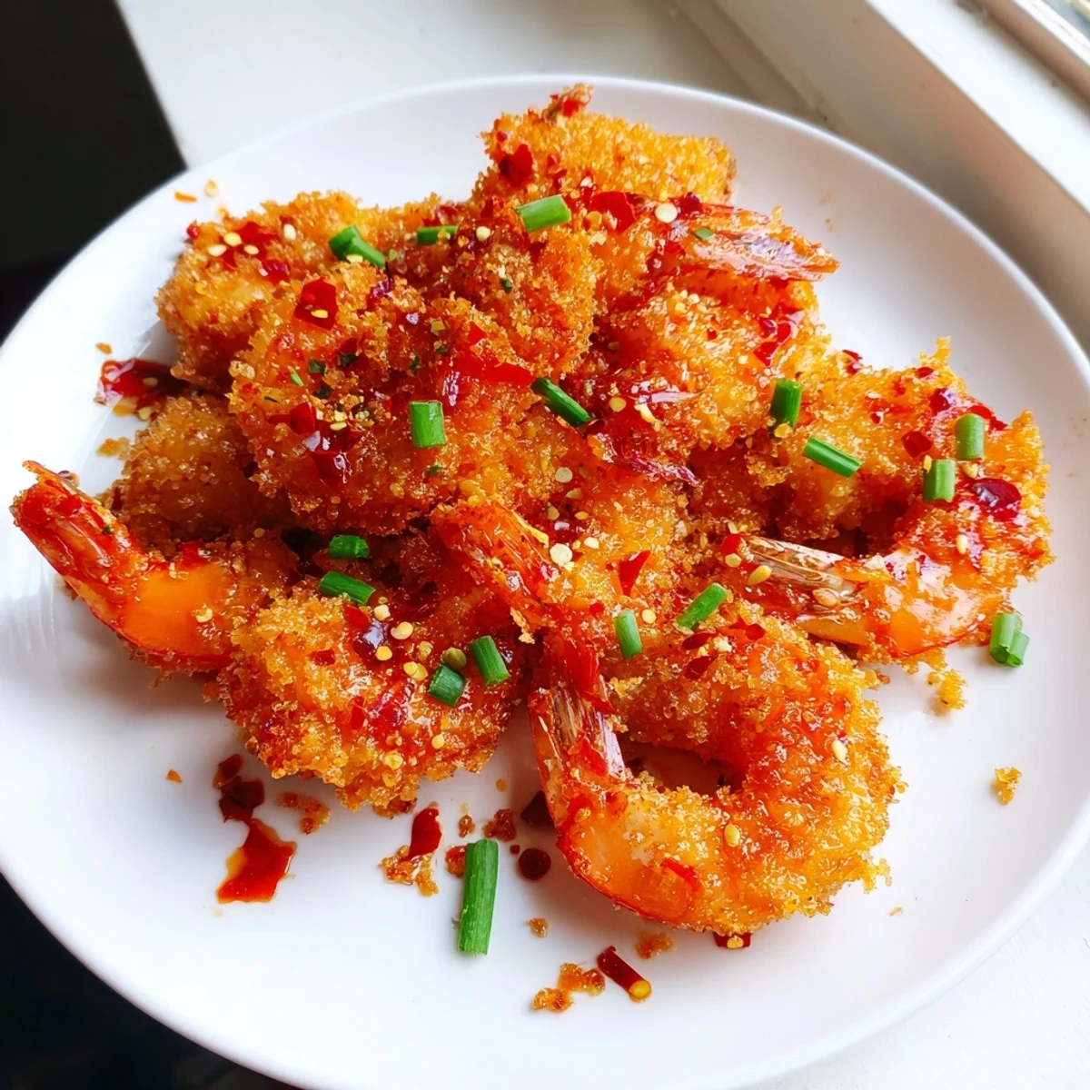 Freshly fried Hot Honey Fried Shrimp piled high with drizzling honey glaze and herbs on a plate