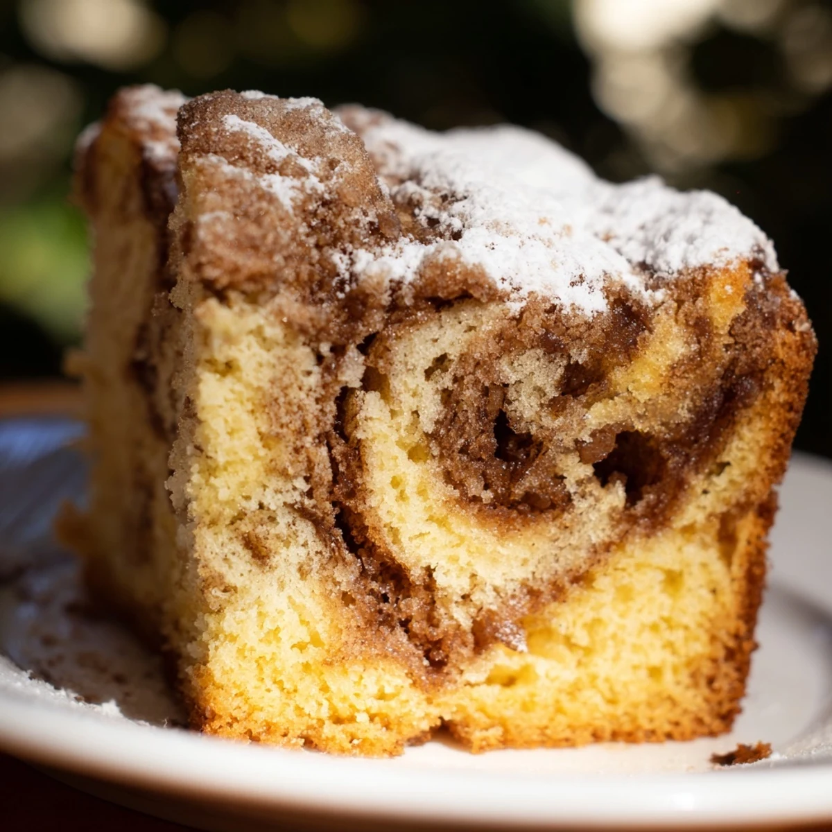 Golden slices of Easy Breakfast Bundt Coffee Cake show a cinnamon swirl and powdered sugar dusting on a wooden board.