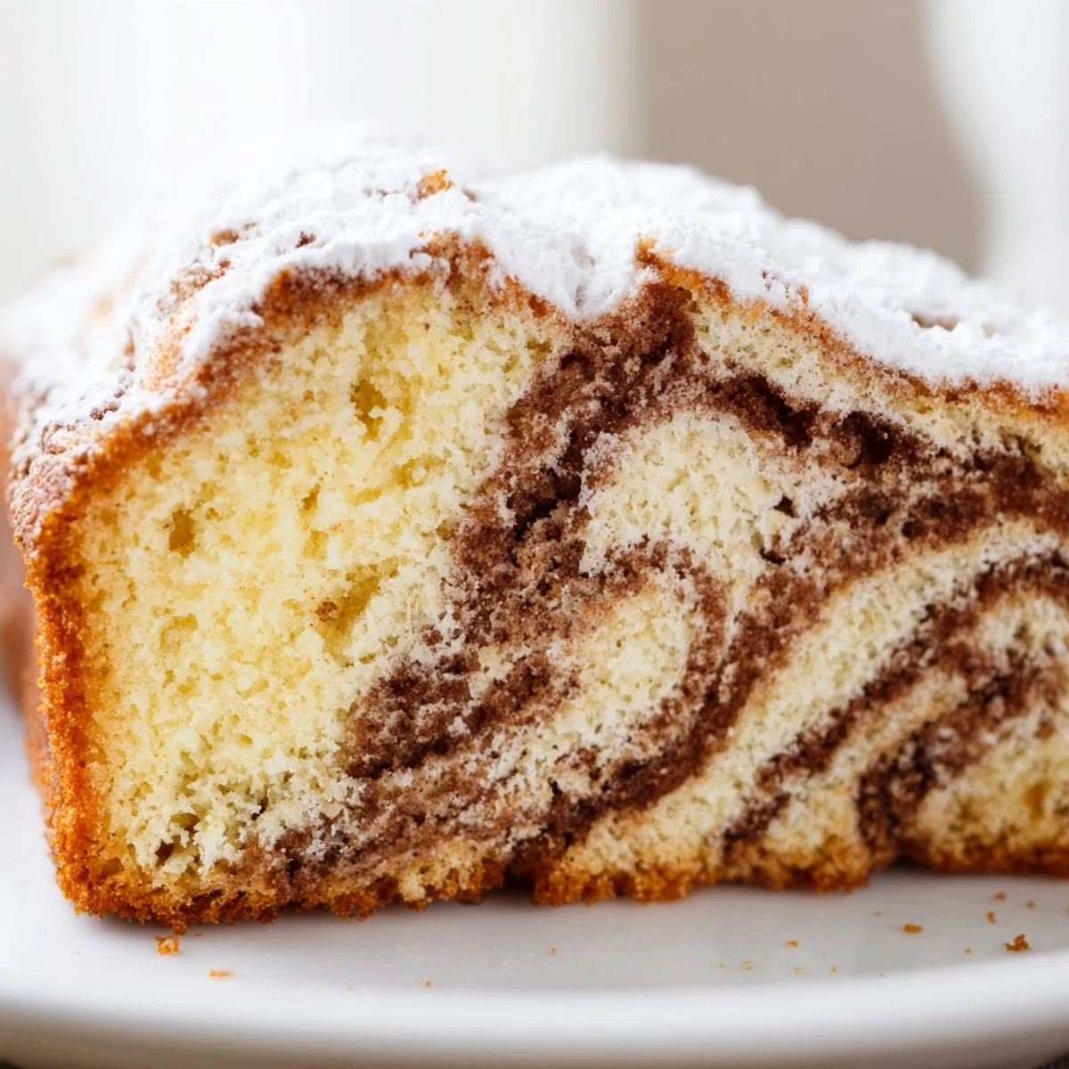 Served on a white plate, the Easy Breakfast Bundt Coffee Cake reveals tender crumb and rich cinnamon swirl perfect for brunch.