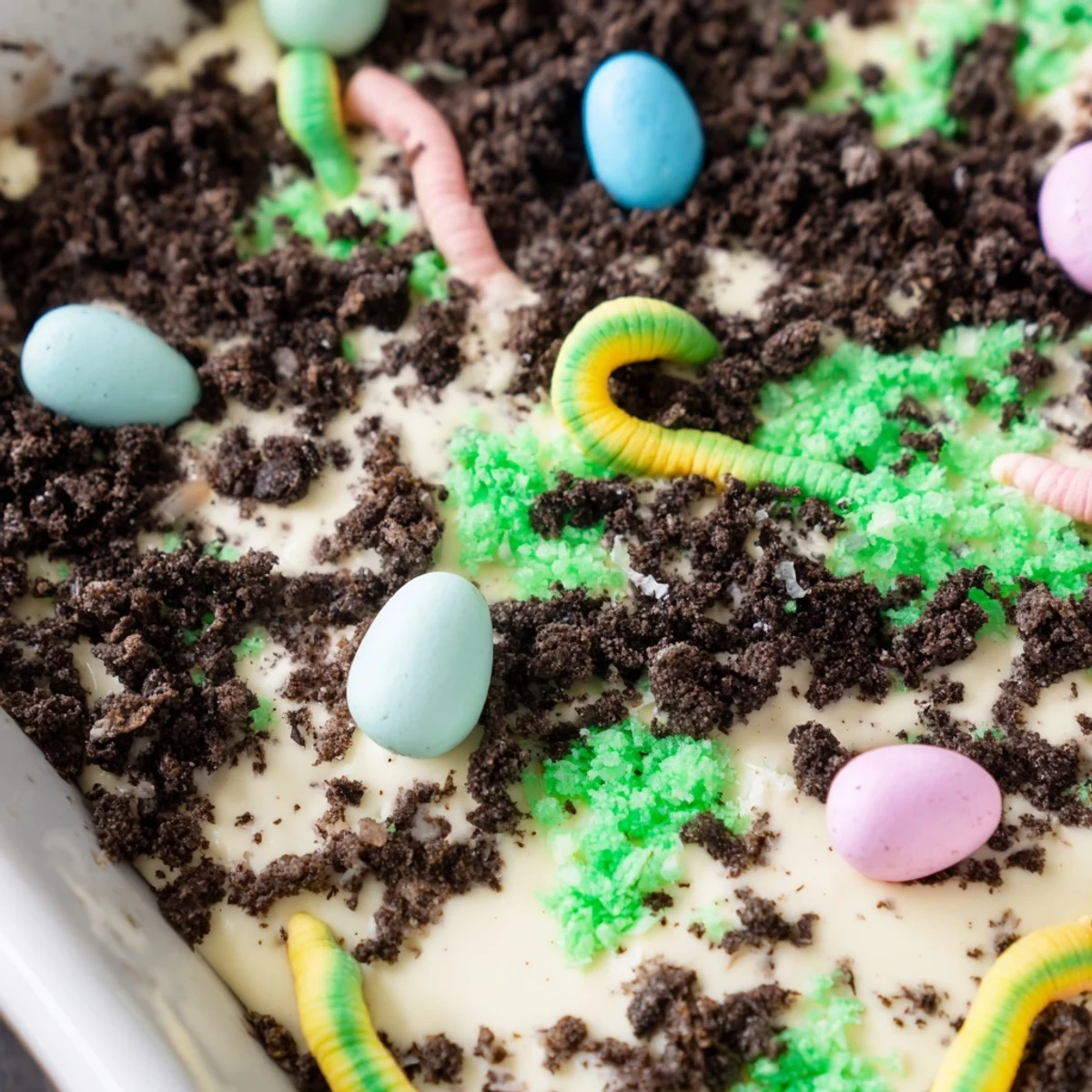 Festive Easter Dirt Cake Casserole layered with creamy pudding and crushed Oreos, topped with gummy worms for fun.