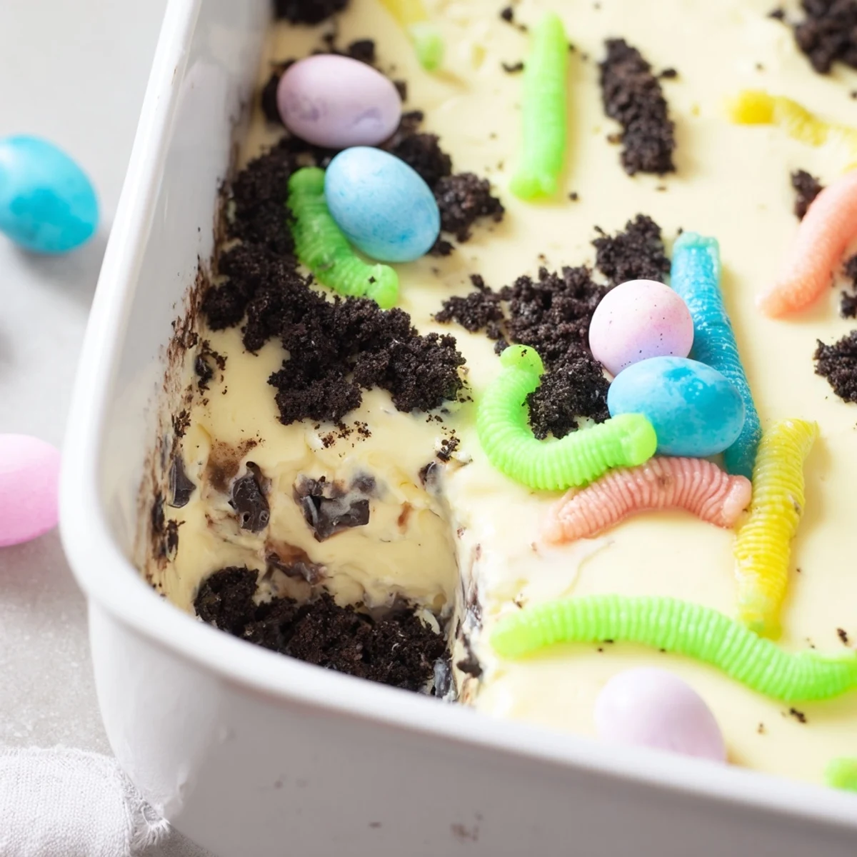 Chilled Easter Dirt Cake Casserole in a glass dish, with Oreo crumbles, candy eggs, and green coconut grass.