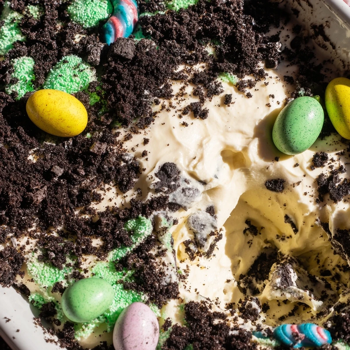 Slice of Easter Dirt Cake Casserole served on a plate, showing creamy layers and chocolate cookie dirt texture.