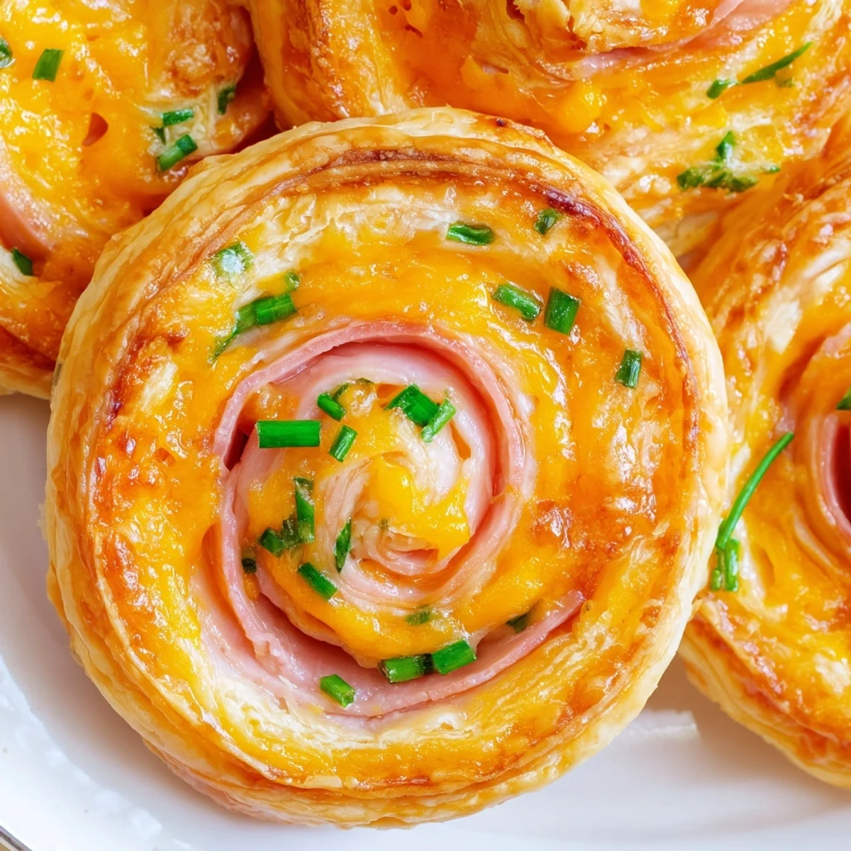 Savory Easter Ham Cheddar Pinwheels cool on a wire rack, displaying golden puff pastry and visible chunks of sharp cheddar.