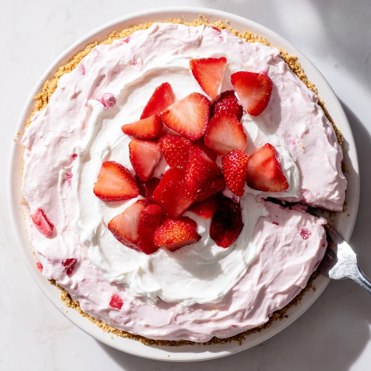 Creamy Easter no bake strawberry Jello pie topped with whipped cream and fresh red berries on golden graham crust