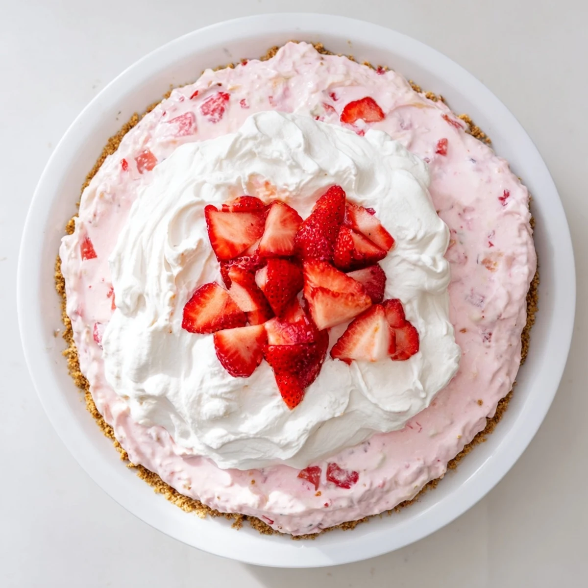 No bake Easter dessert featuring smooth strawberry Jello cream filling in buttery graham cracker crust garnished with sliced strawberries