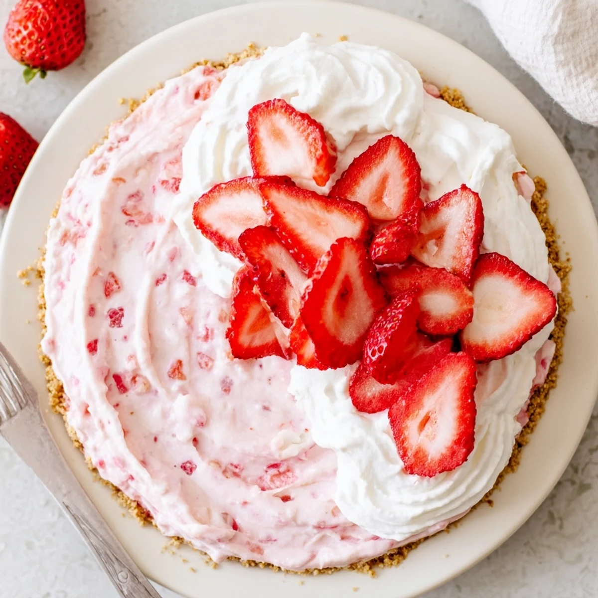 Slice of vibrant pink strawberry delight pie with fluffy white cream topping and spring pastel sprinkles on white plate