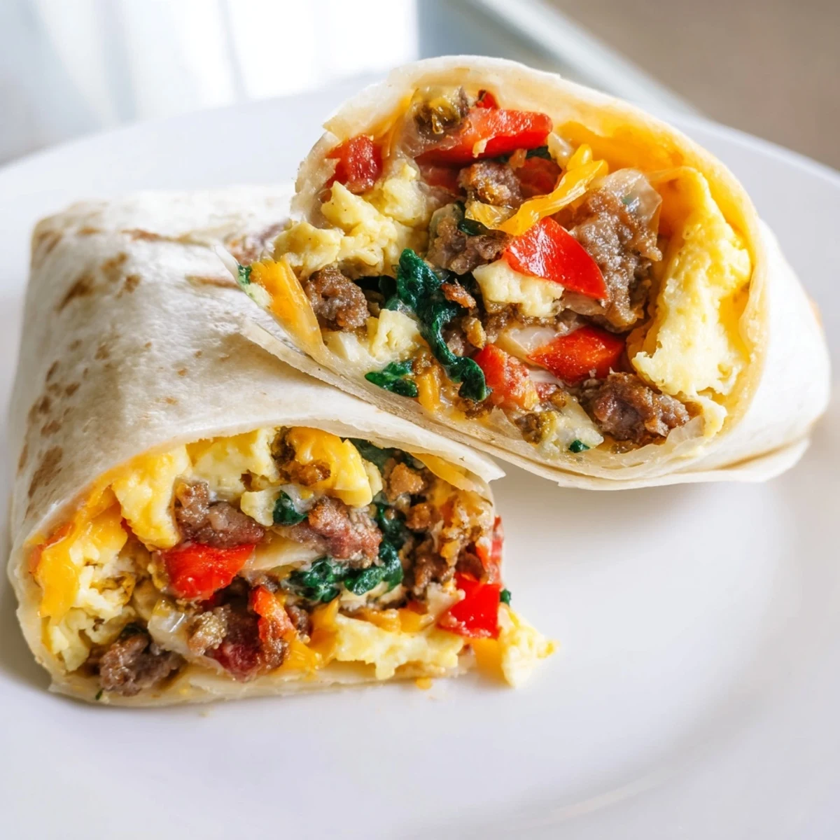 Plate of hearty breakfast burritos filled with scrambled eggs, veggies, and melted cheddar cheese