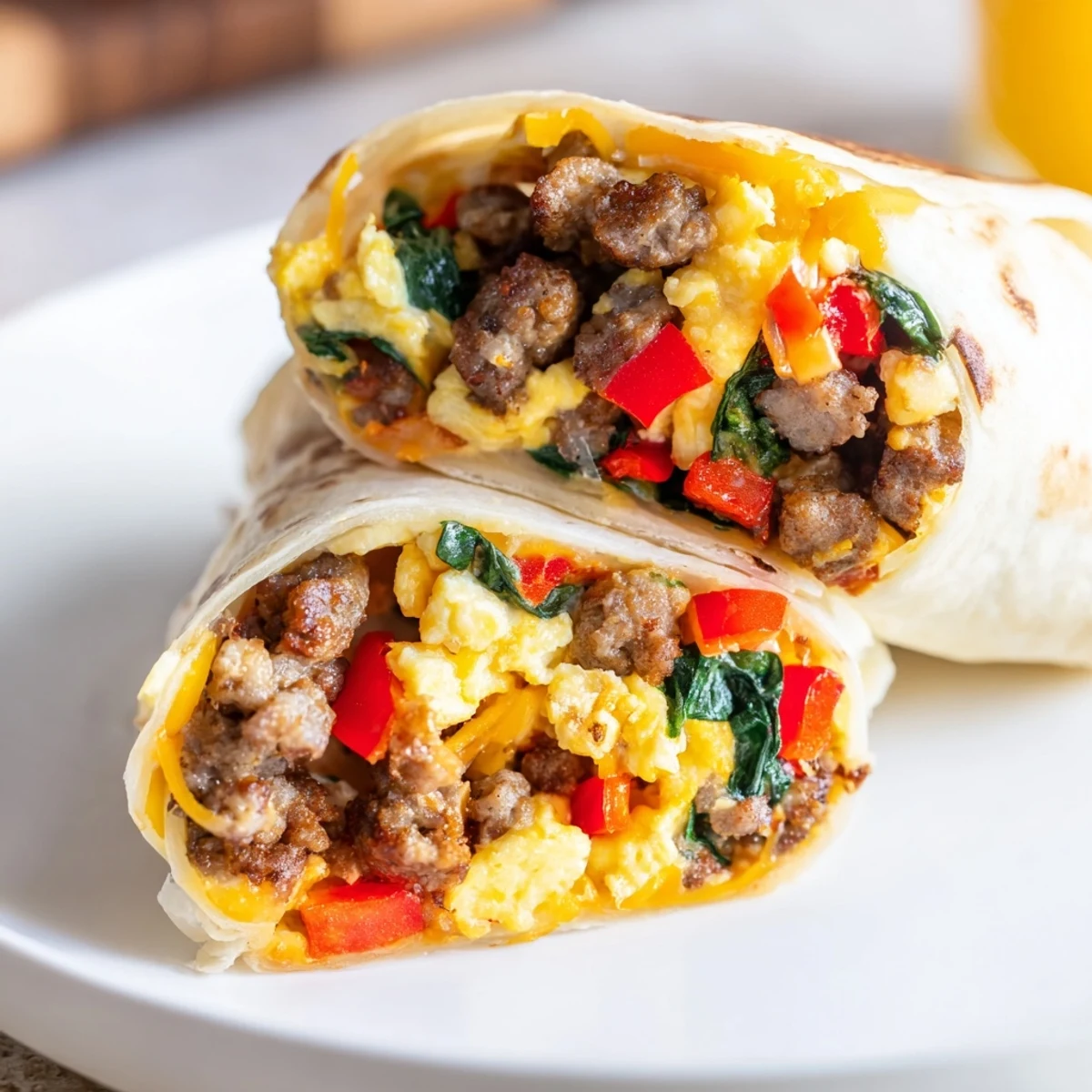 Warm flour tortillas stuffed with fluffy eggs, seasoned sausage, peppers, and spinach for easy mornings