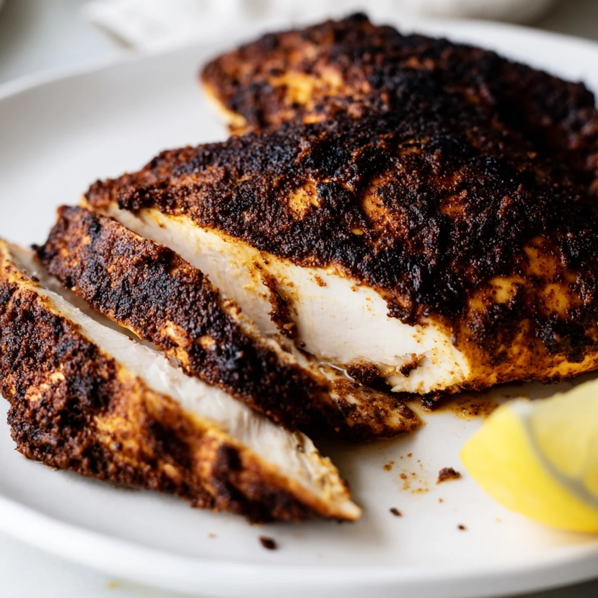 Golden brown blackened chicken breasts with dark spicy crust on white plate