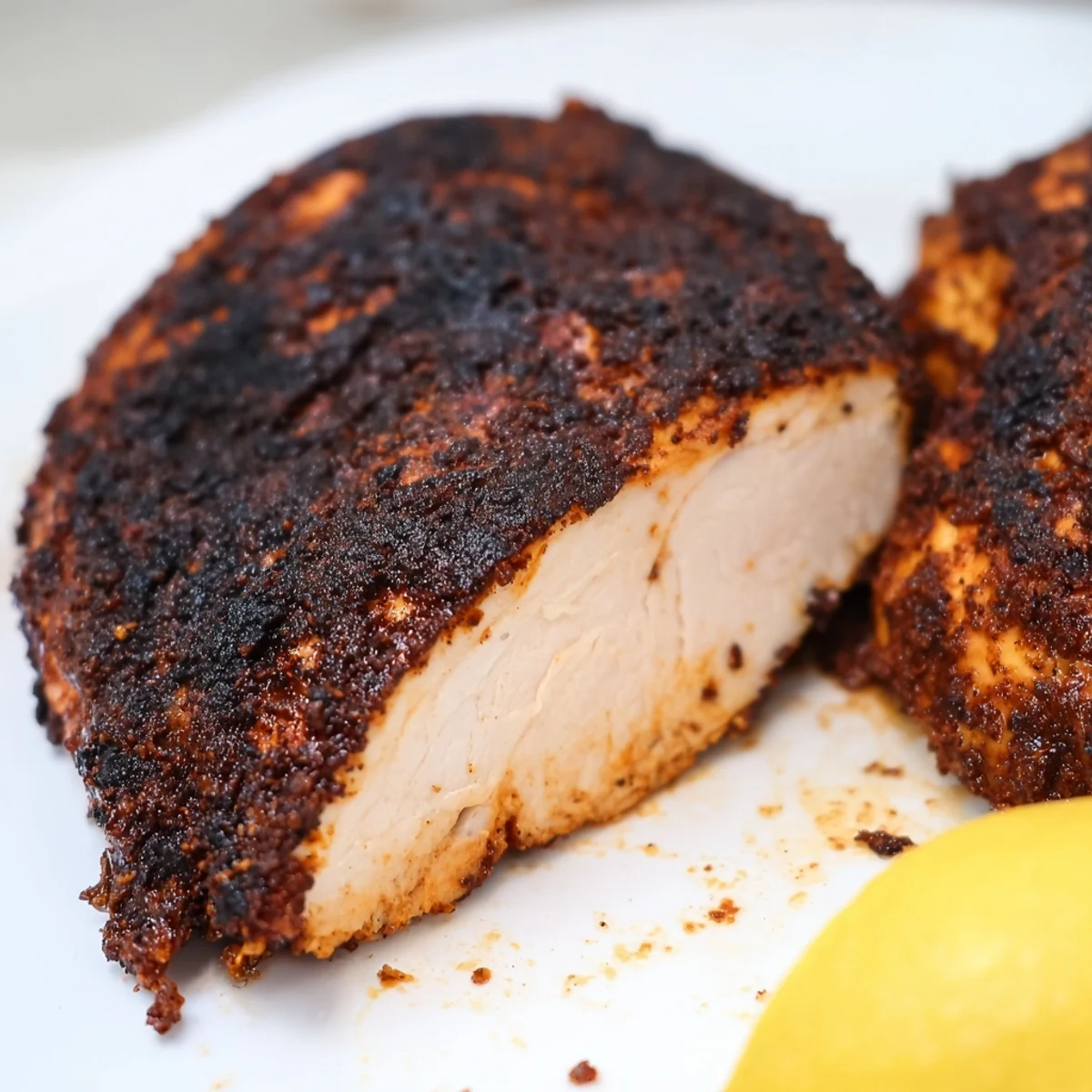 Sizzling cast iron skillet of Cajun spiced blackened chicken with charred edges