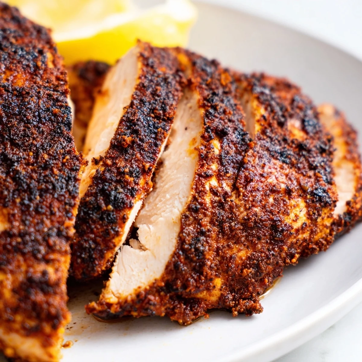 Juicy blackened chicken slices revealing moist interior with smoky spice coating