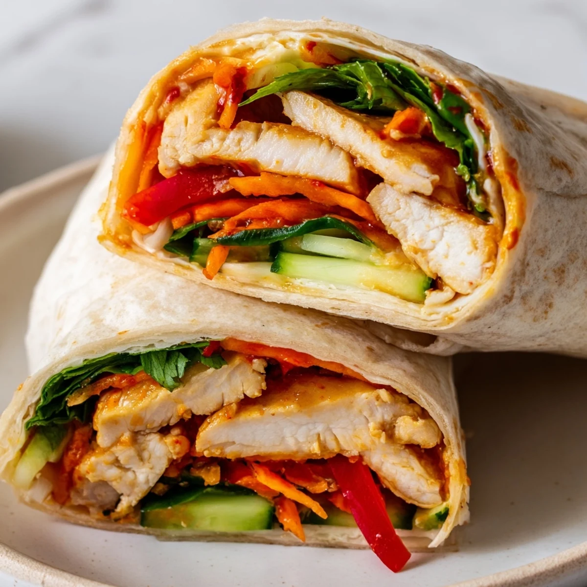 Golden sweet chili chicken wraps filled with crisp vegetables and colorful julienned peppers rolled in warm flour tortillas
