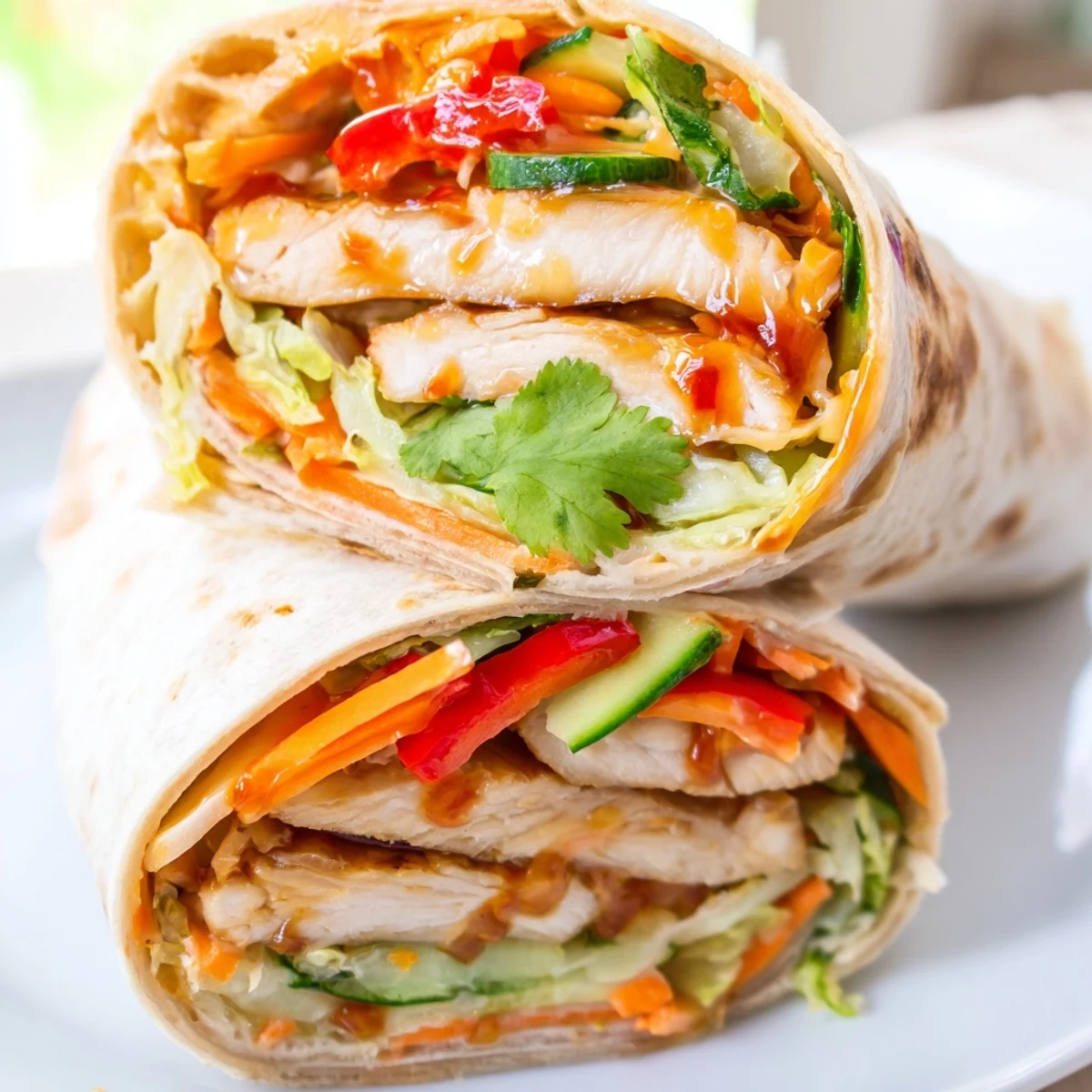 Savory chicken strips glazed in spicy-sweet chili sauce wrapped with fresh lettuce and crunchy vegetables for an easy fusion dinner