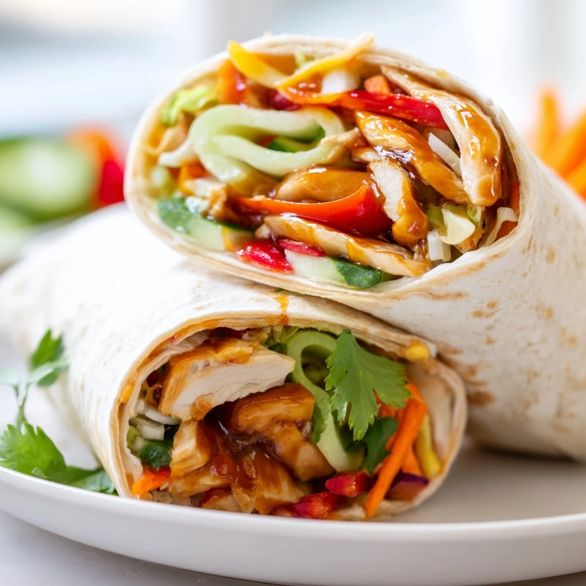 Handheld sweet chili chicken wraps featuring tender marinated meat and vibrant bell peppers served with lime wedges
