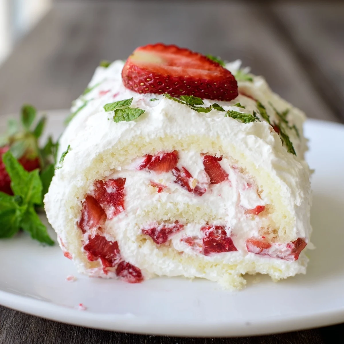 Golden vanilla cake rolled with fresh strawberries and whipped cream, shaped into playful strawberry shortcake sushi pieces topped with mint