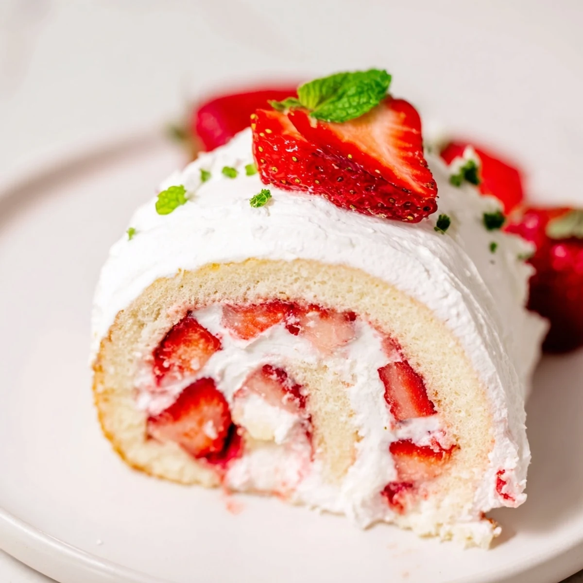 Elegant strawberry shortcake sushi slices displaying swirls of whipped cream and red strawberries on a white serving plate