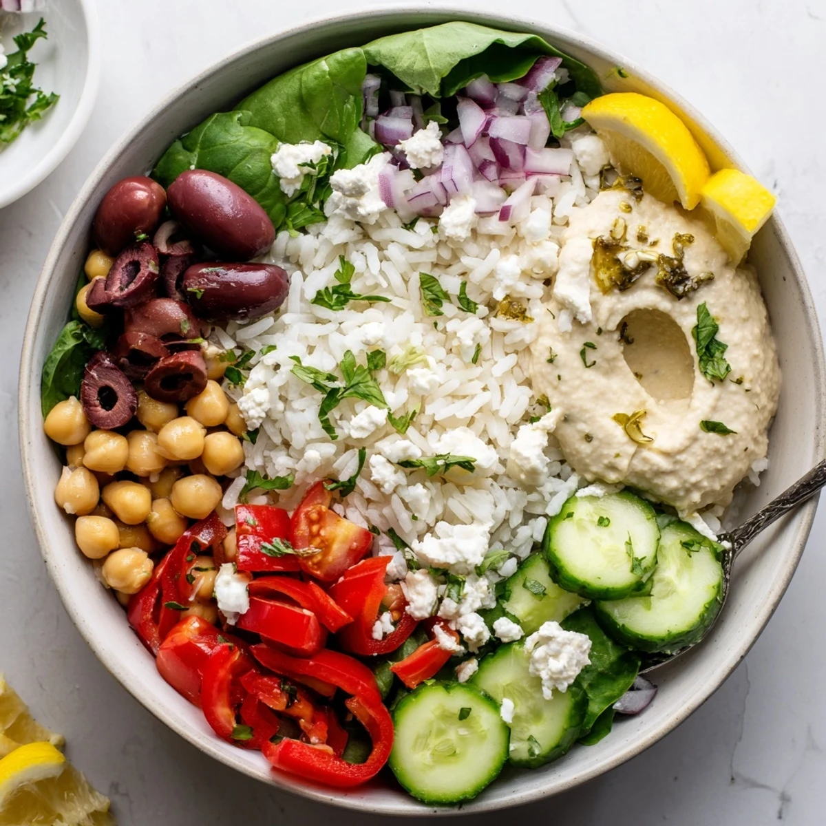 Colorful Mediterranean rice bowl topped with fresh vegetables, hummus, and creamy lemon-tahini dressing