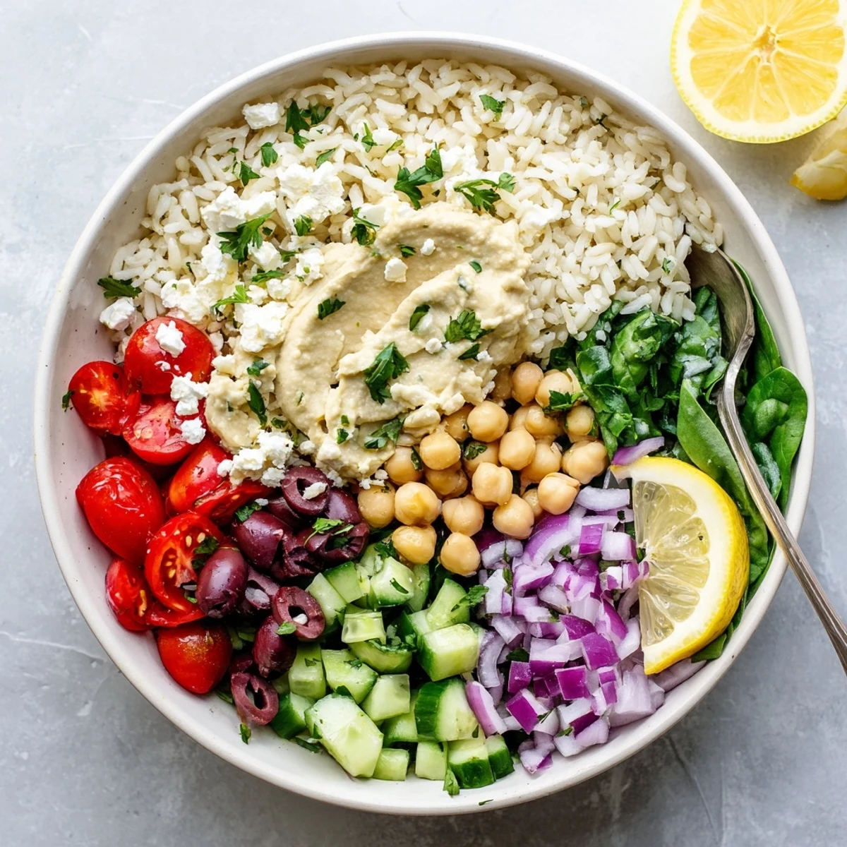 Vibrant Mediterranean rice bowl arranged with chickpeas, cherry tomatoes, and drizzled tahini dressing