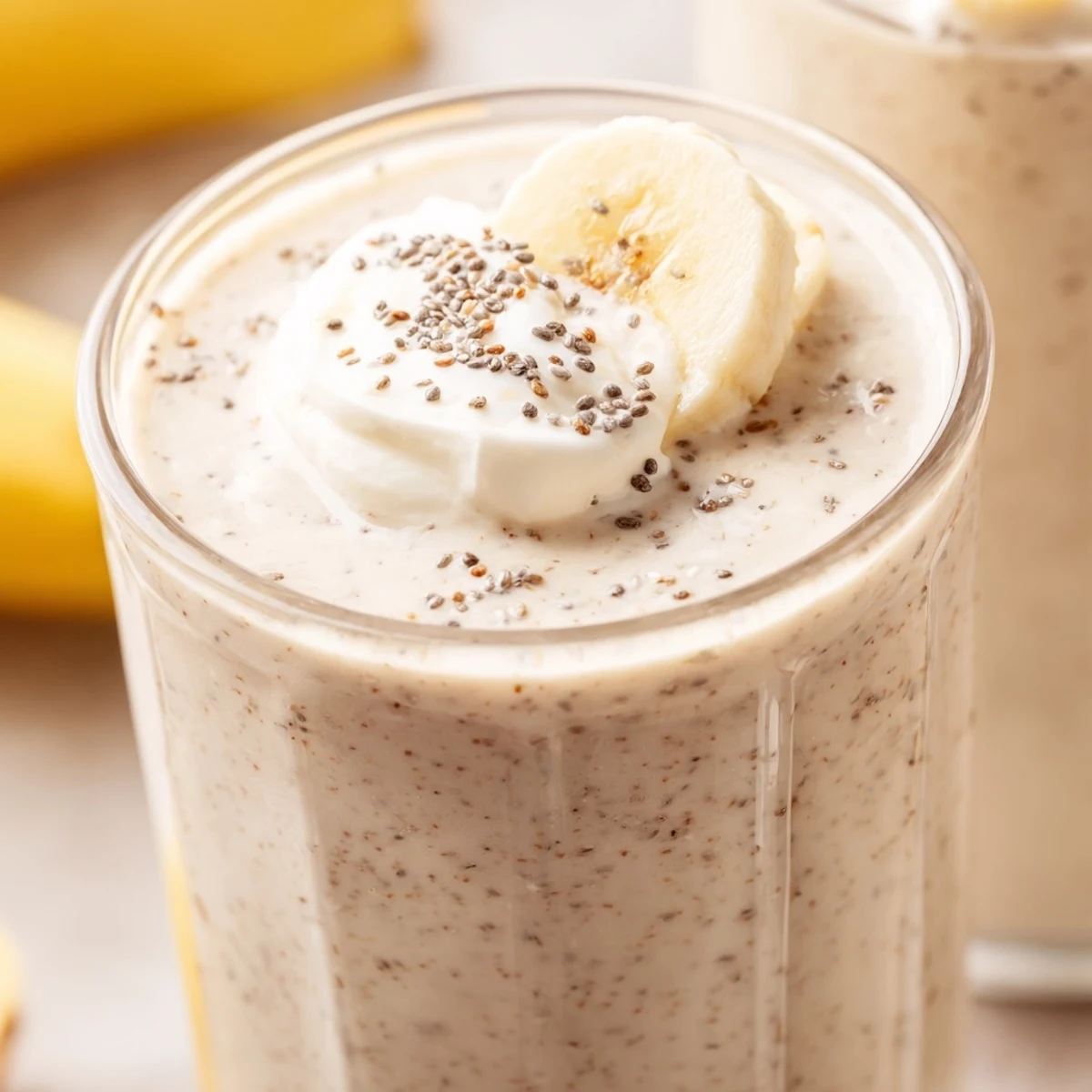 Thick creamy Greek yogurt banana smoothie poured into a glass topped with fresh banana slices