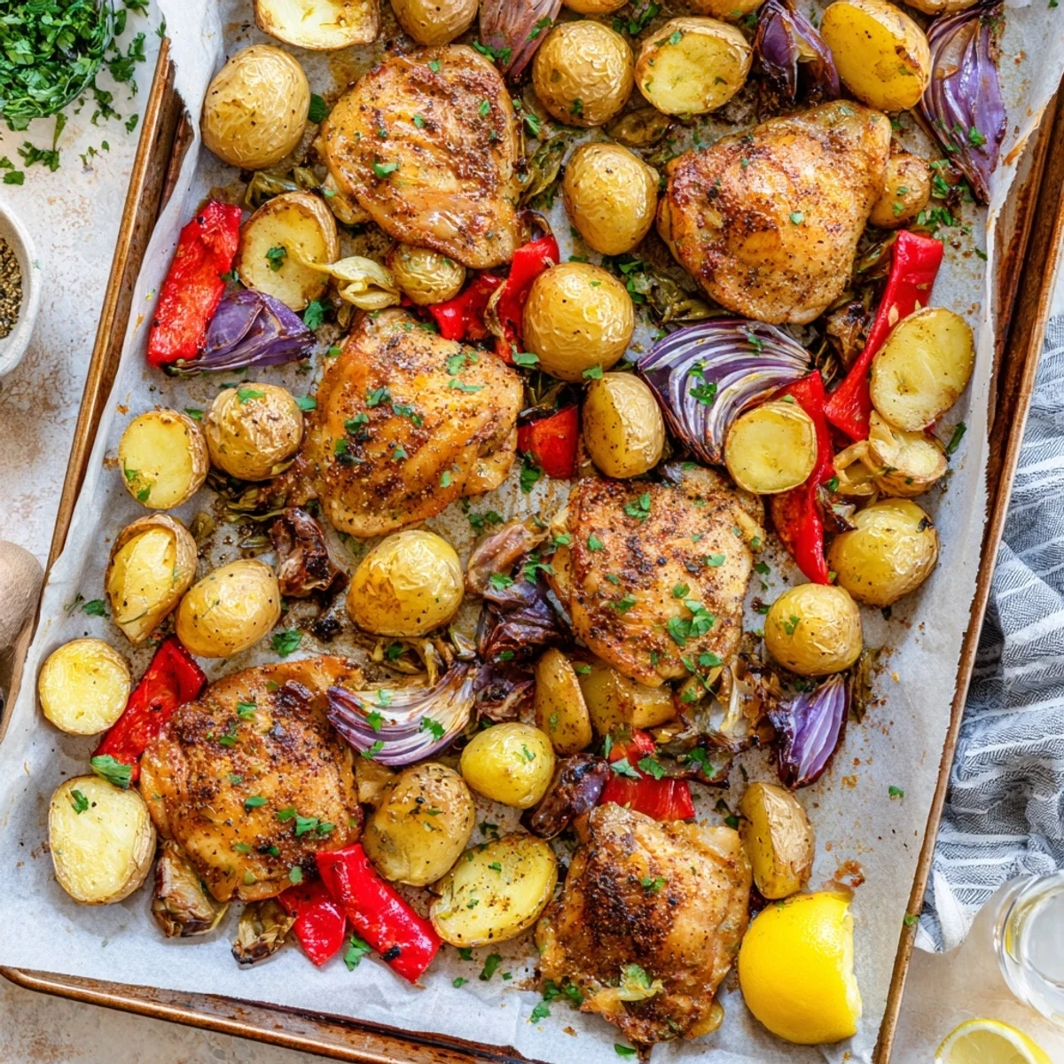 Golden roasted chicken thighs nestled among crispy potatoes and colorful vegetables on a baking sheet