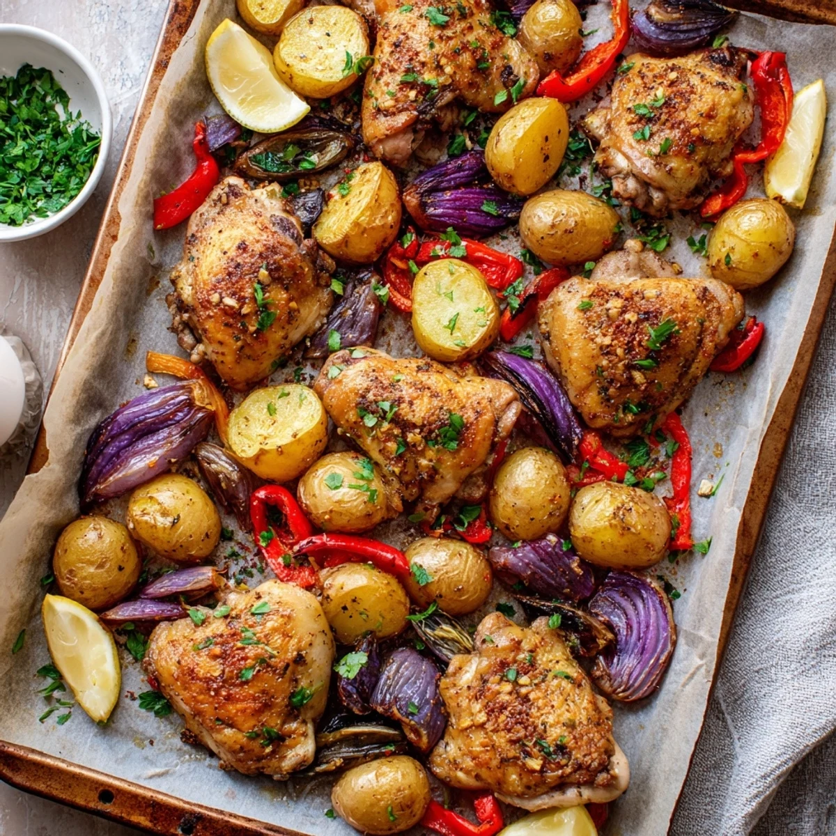 Savory sheet pan chicken and potatoes with caramelized edges and fresh parsley garnish