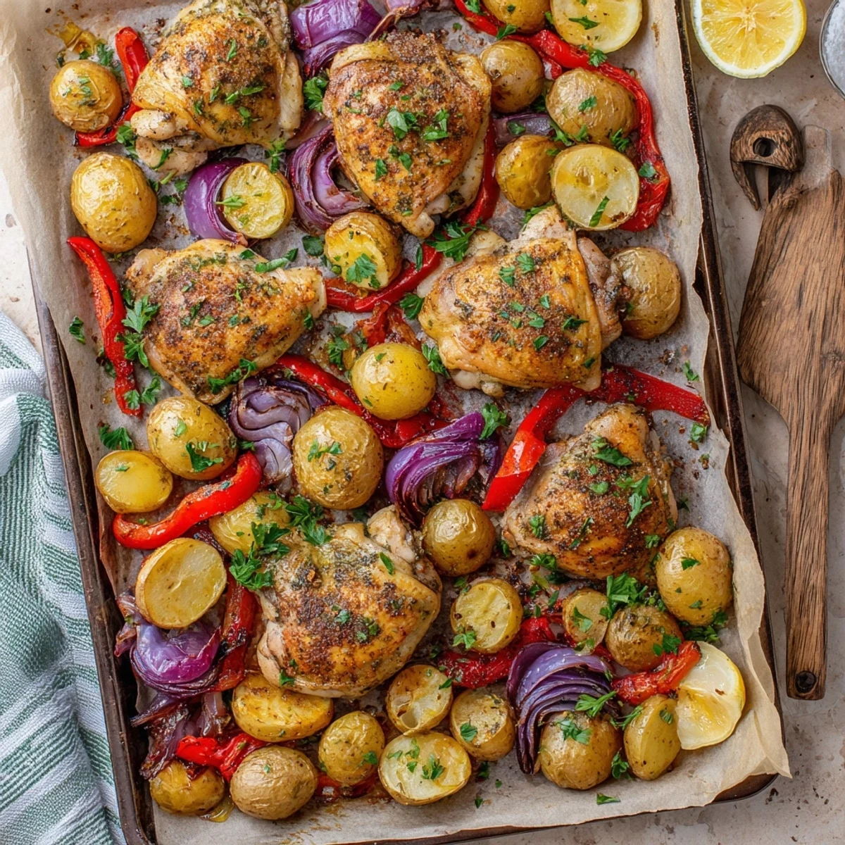 One-pan dinner featuring juicy herb-marinated chicken alongside tender roasted potatoes and bell peppers