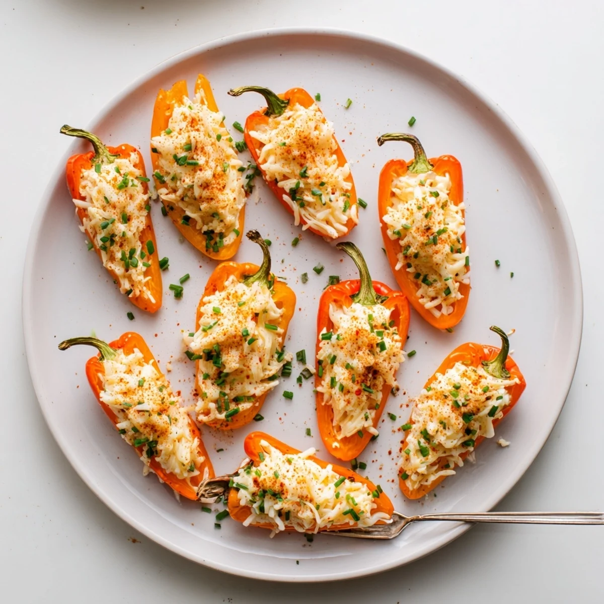 Golden air fryer cream cheese stuffed mini peppers arranged on a white serving platter