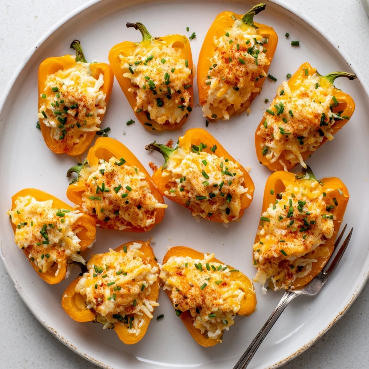 Colorful roasted mini peppers filled with savory cream cheese blend after air frying