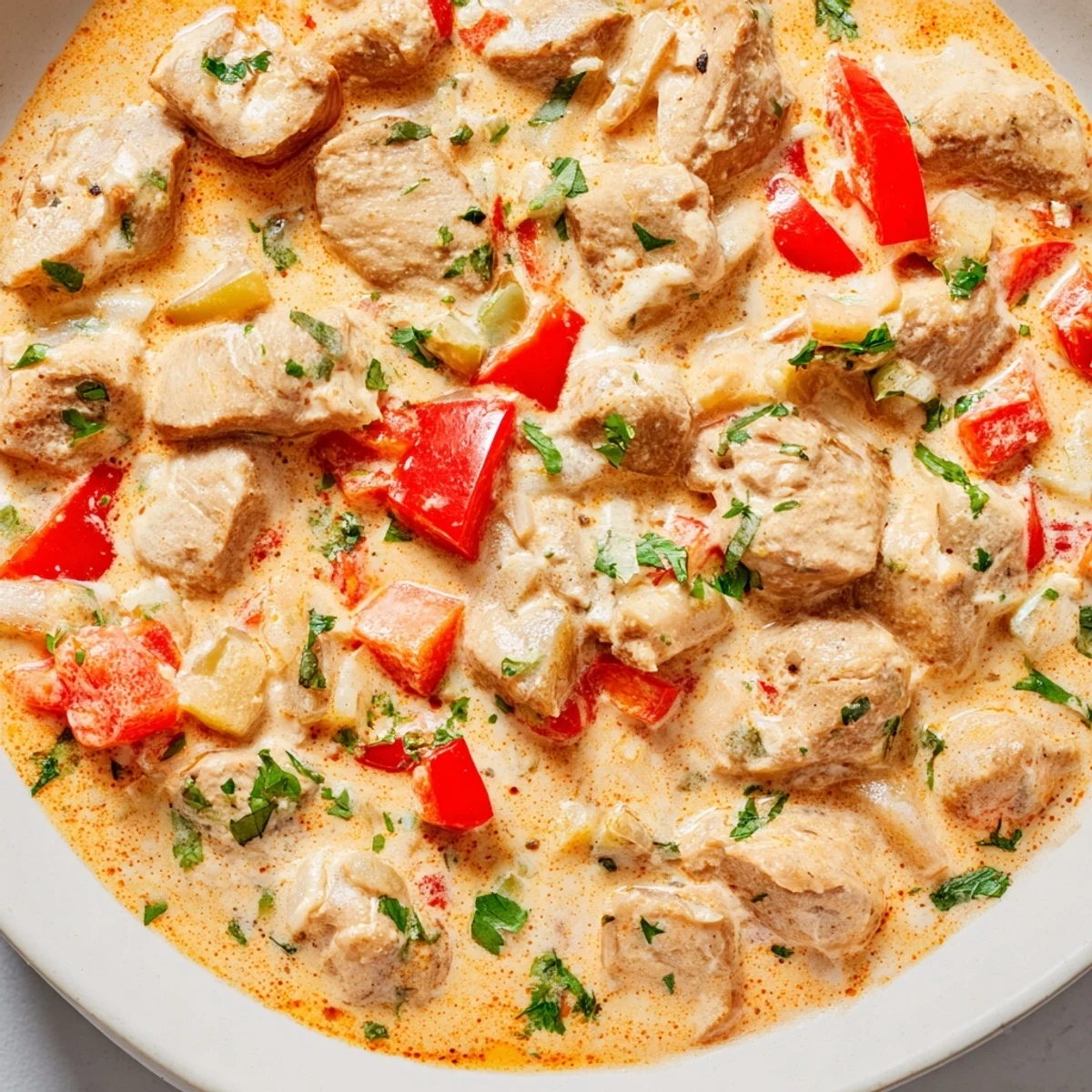 Golden chicken pieces swimming in rich, creamy coconut sauce with colorful bell peppers and fresh herbs