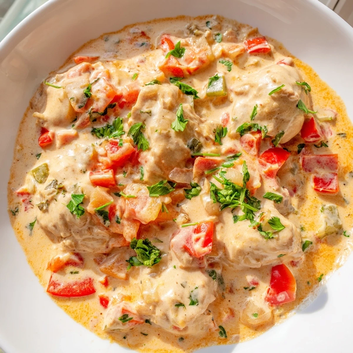 Steaming bowl of spicy Brazilian coconut chicken served over white rice with lime wedges on the side