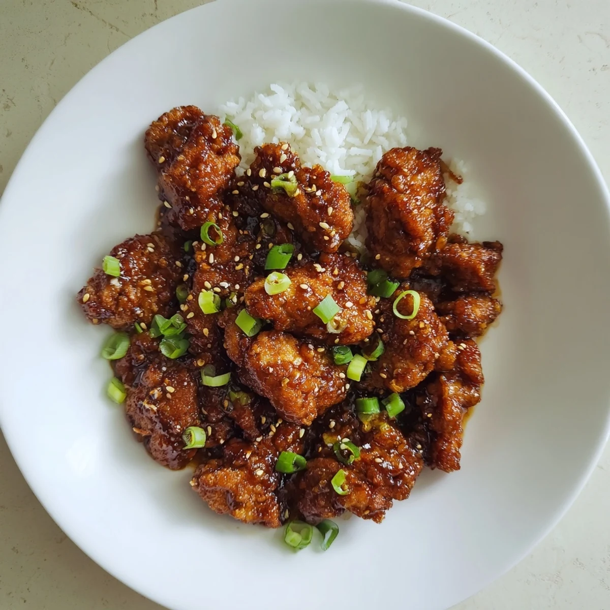 Golden brown Mongolian chicken pieces coated in a glossy brown sugar soy sauce with sliced green onions scattered on top and a bed of fluffy white rice beneath