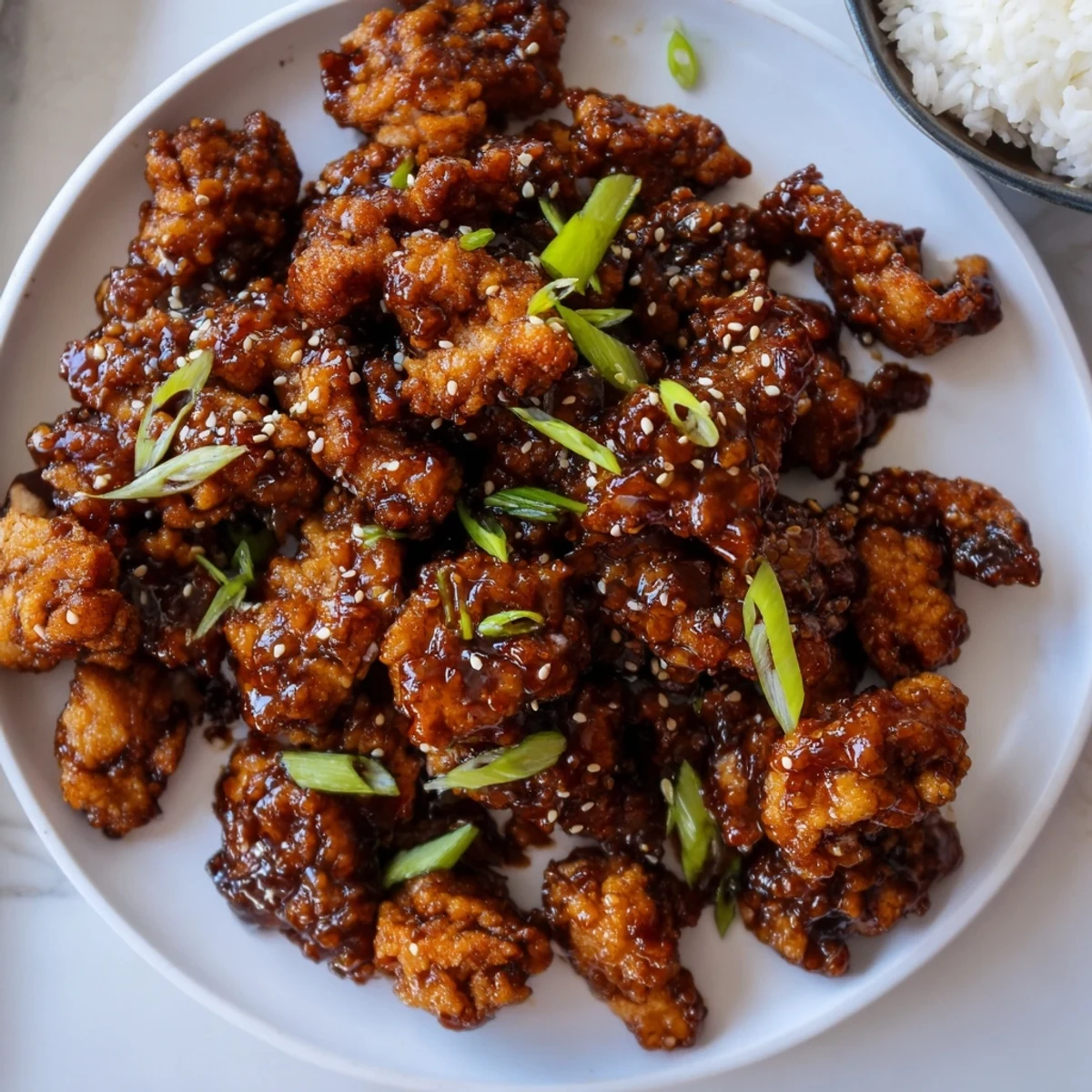 Crispy Mongolian chicken tossed in a rich savory sweet garlic ginger glaze garnished with toasted sesame seeds and served over steaming white rice