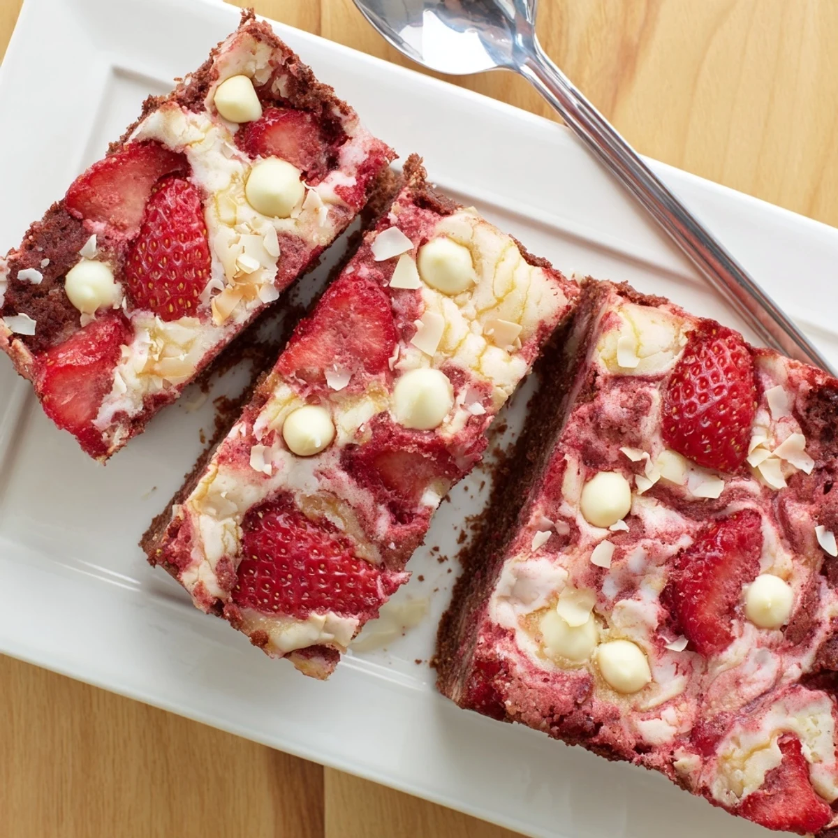 Gooey strawberry earthquake cake with cream cheese swirls and fresh strawberry slices on top