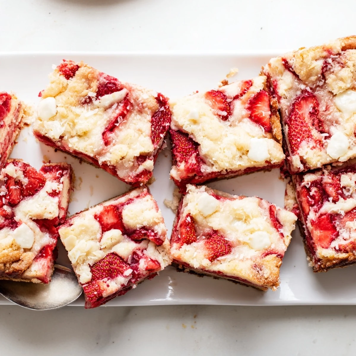 Baked strawberry earthquake cake displaying cracked top with sweet cream cheese and strawberry filling