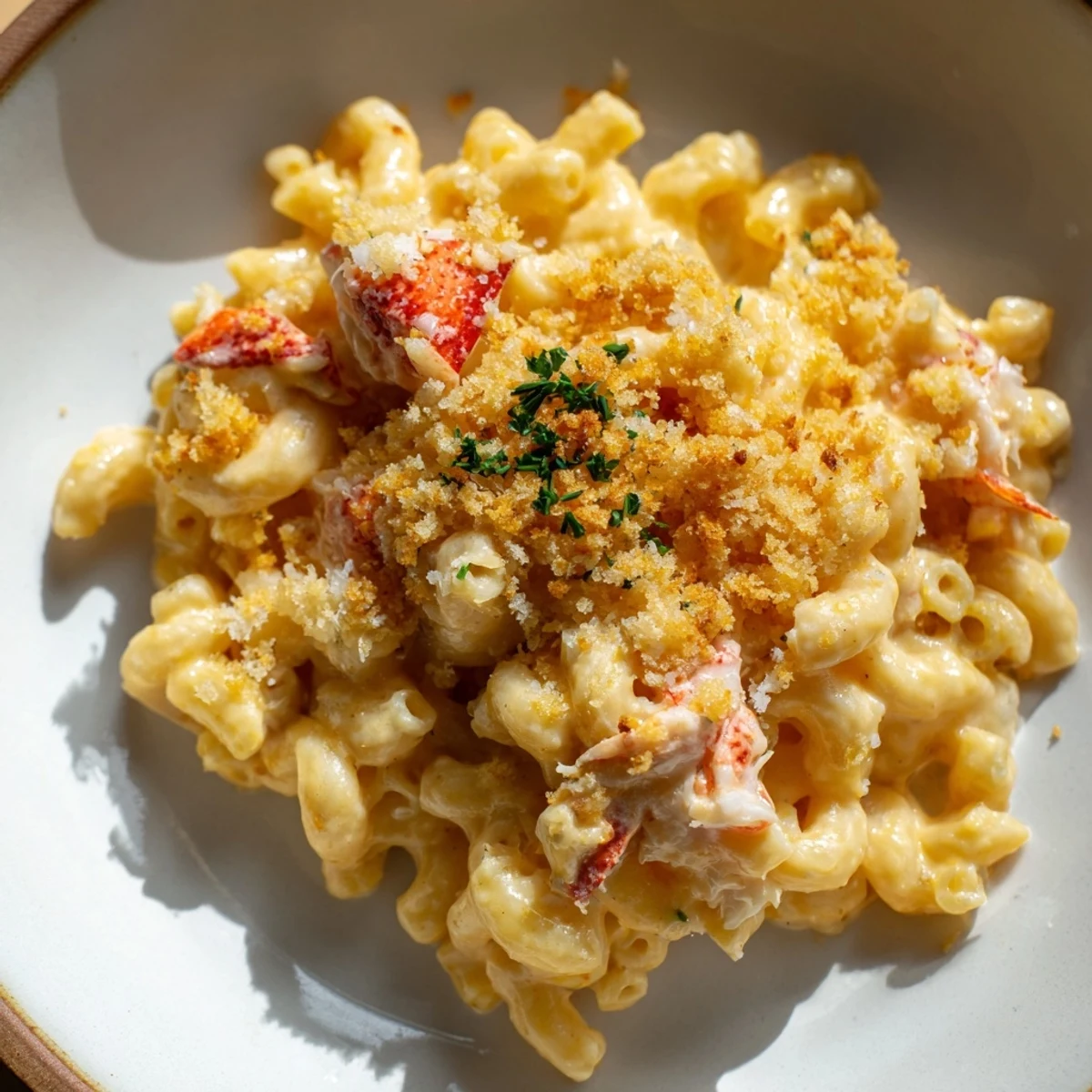 Golden baked garlic butter lobster mac and cheese topped with crispy panko breadcrumbs and fresh parsley