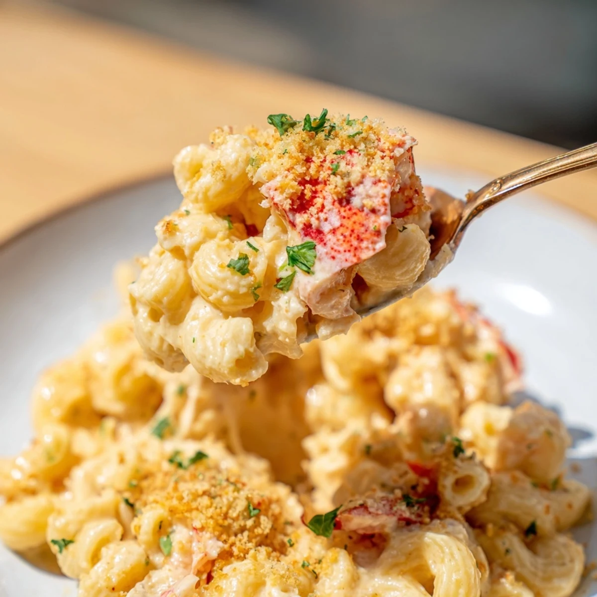 Bubbling cheese sauce with tender lobster meat and elbow macaroni sprinkled with buttery Parmesan panko topping