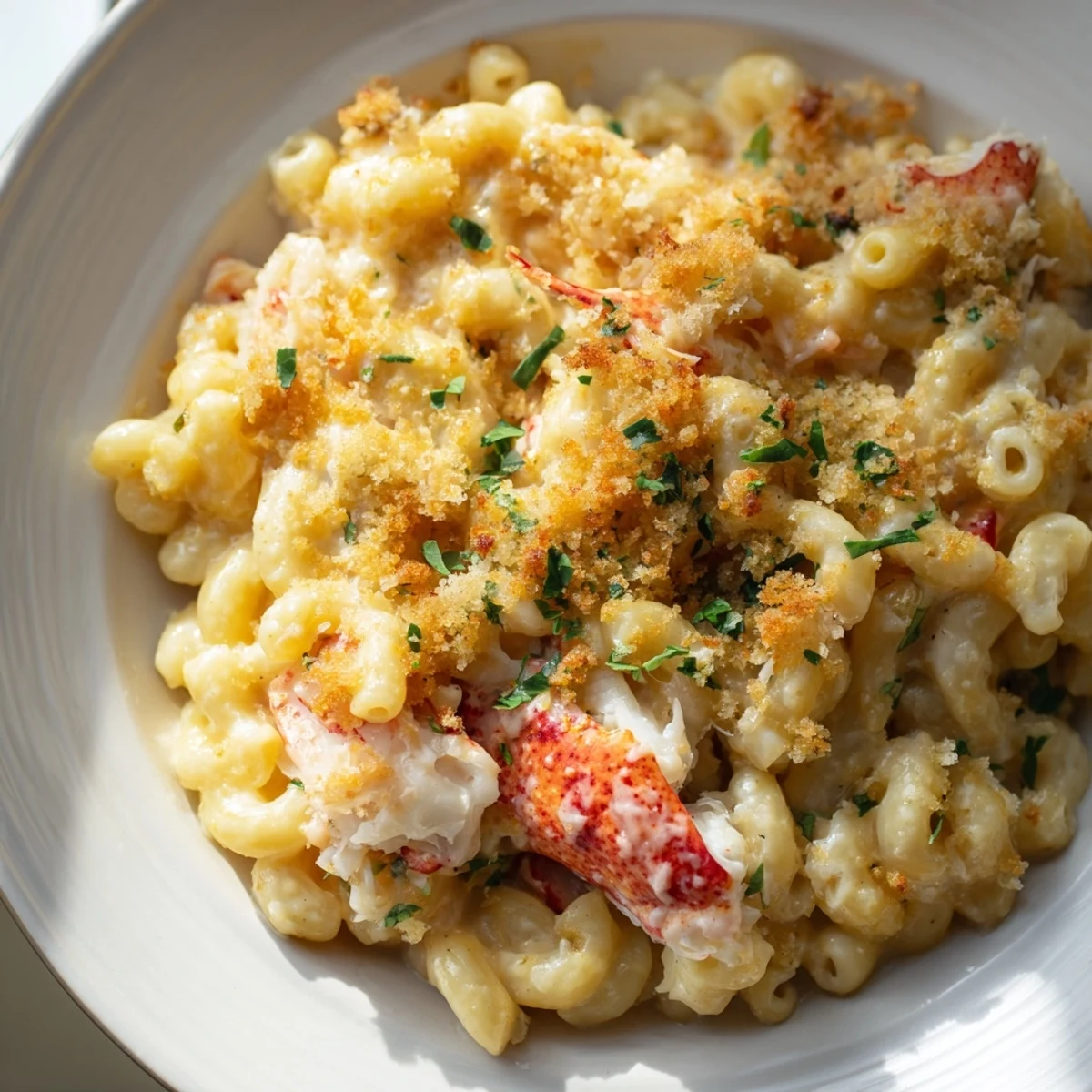 Creamy Gruyère and sharp cheddar pasta dotted with succulent lobster pieces in a rich garlic butter sauce
