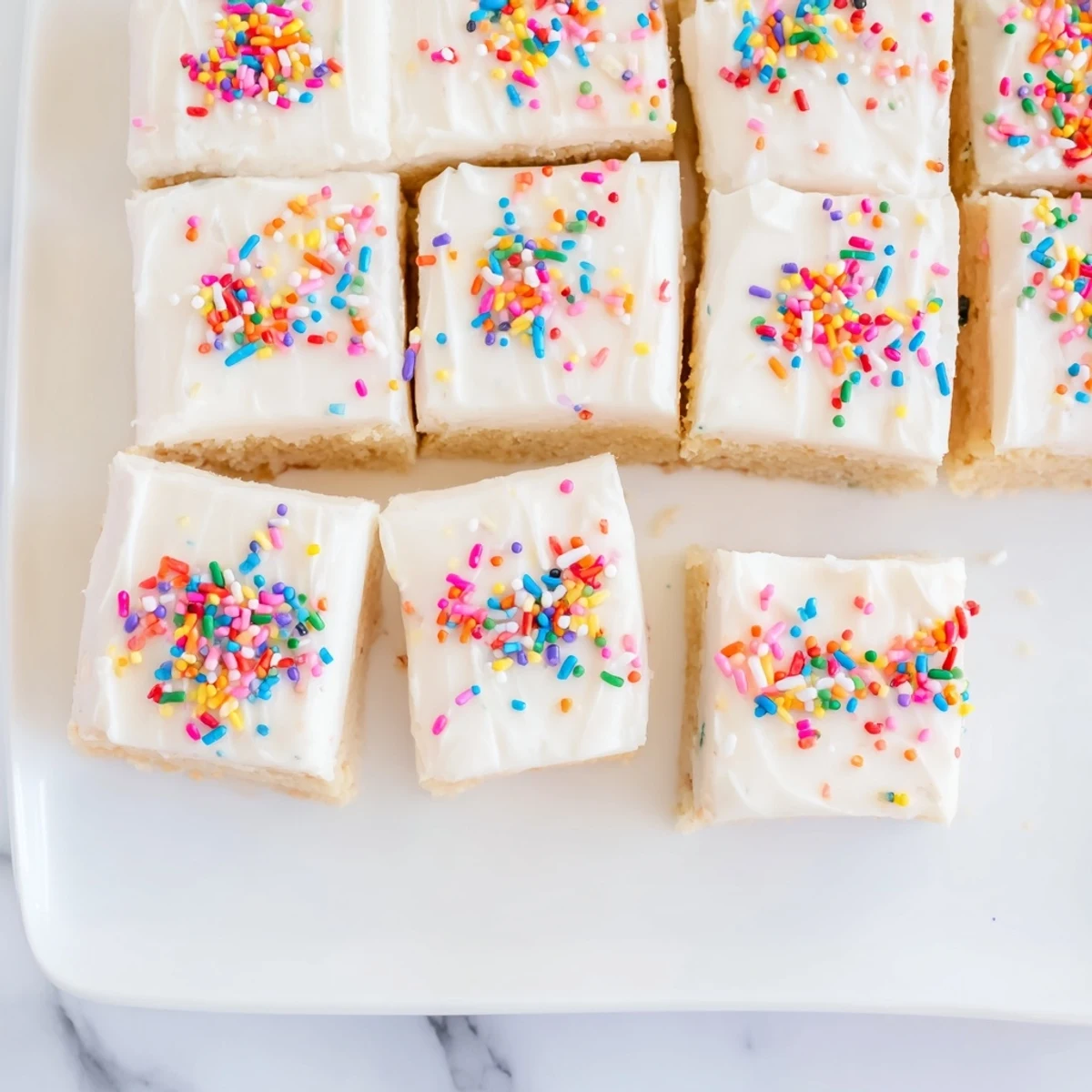Soft buttery sugar cookie bars topped with creamy white frosting and colorful rainbow sprinkles for easy dessert squares