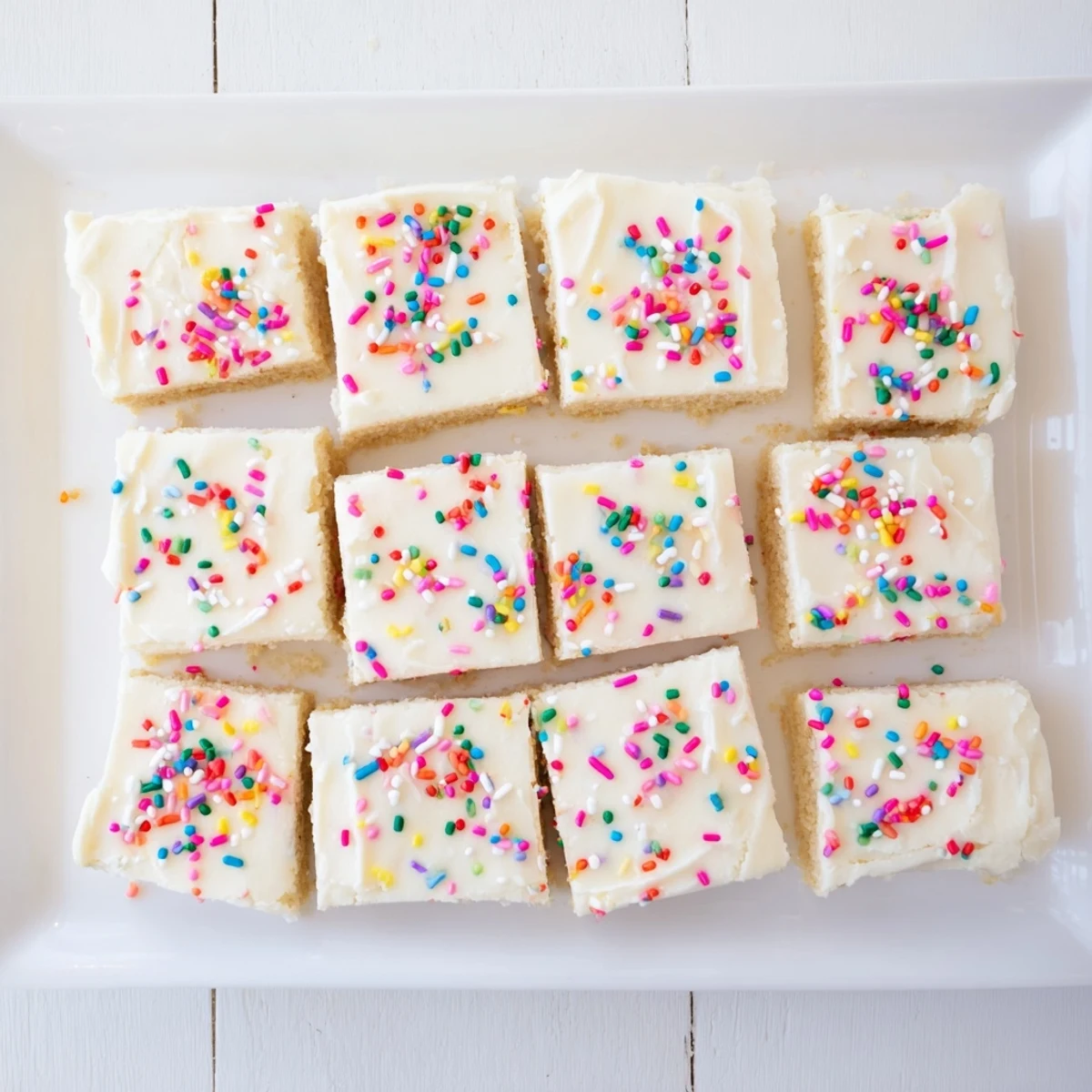 Homemade sugar cookie bars with smooth vanilla frosting and festive sprinkles displayed on a rectangular baking pan