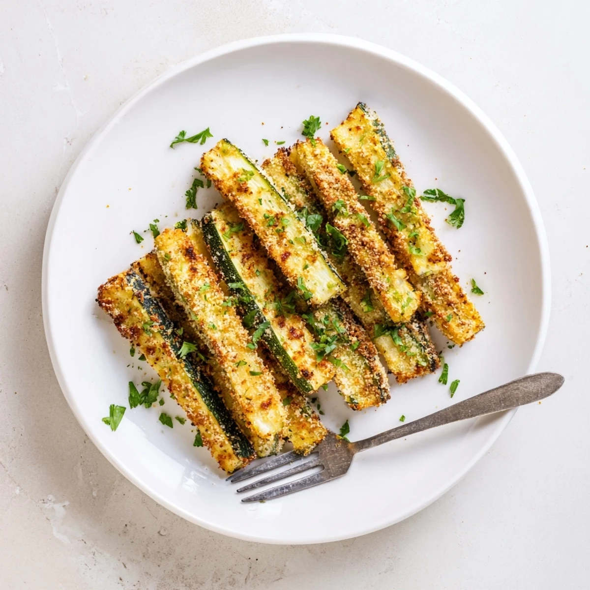 Golden brown crispy baked keto zucchini fries arranged on a white serving platter with fresh parsley garnish