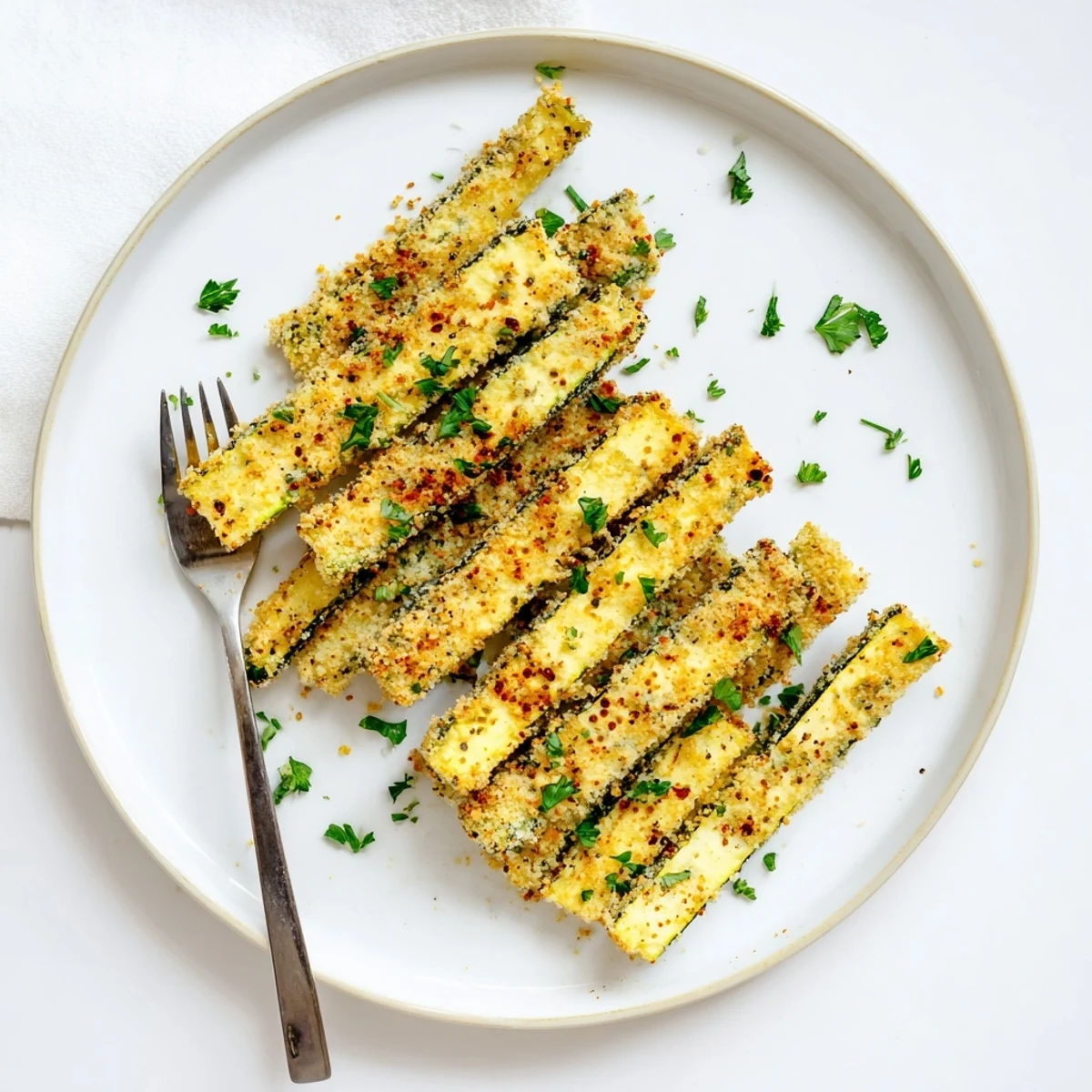Plate of crunchy keto zucchini fries with paprika spiced breading served hot for easy gluten-free snacking
