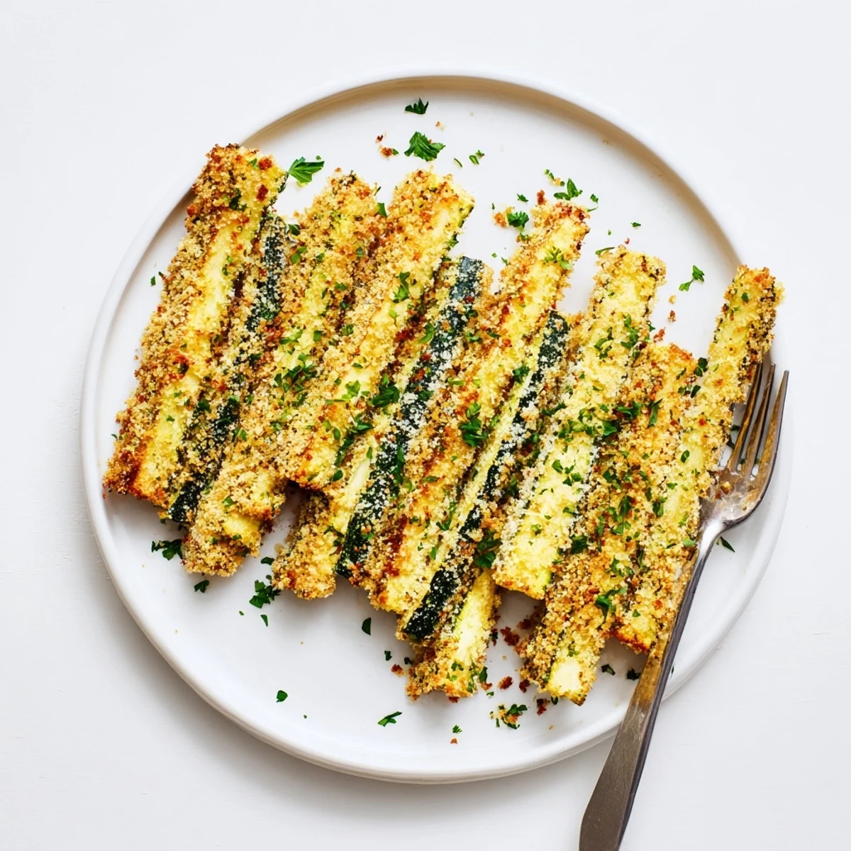 Homemade low-carb zucchini fries featuring almond flour parmesan coating baked to golden perfection on parchment paper