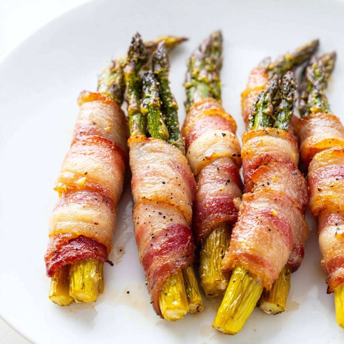 Golden garlic bacon wrapped asparagus bundles arranged on a white serving platter with crispy edges