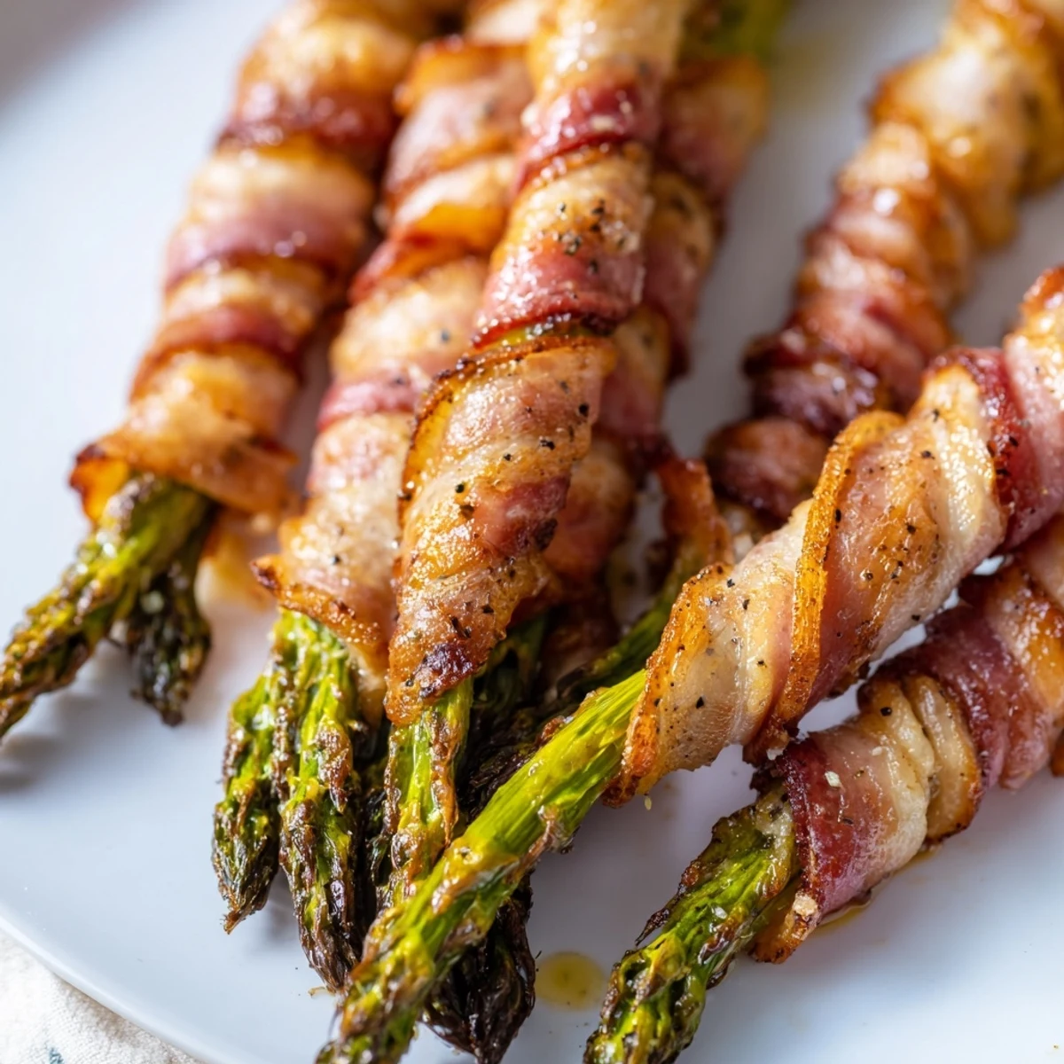 Oven baked appetizer featuring crisp bacon around fresh asparagus spears with aromatic garlic coating