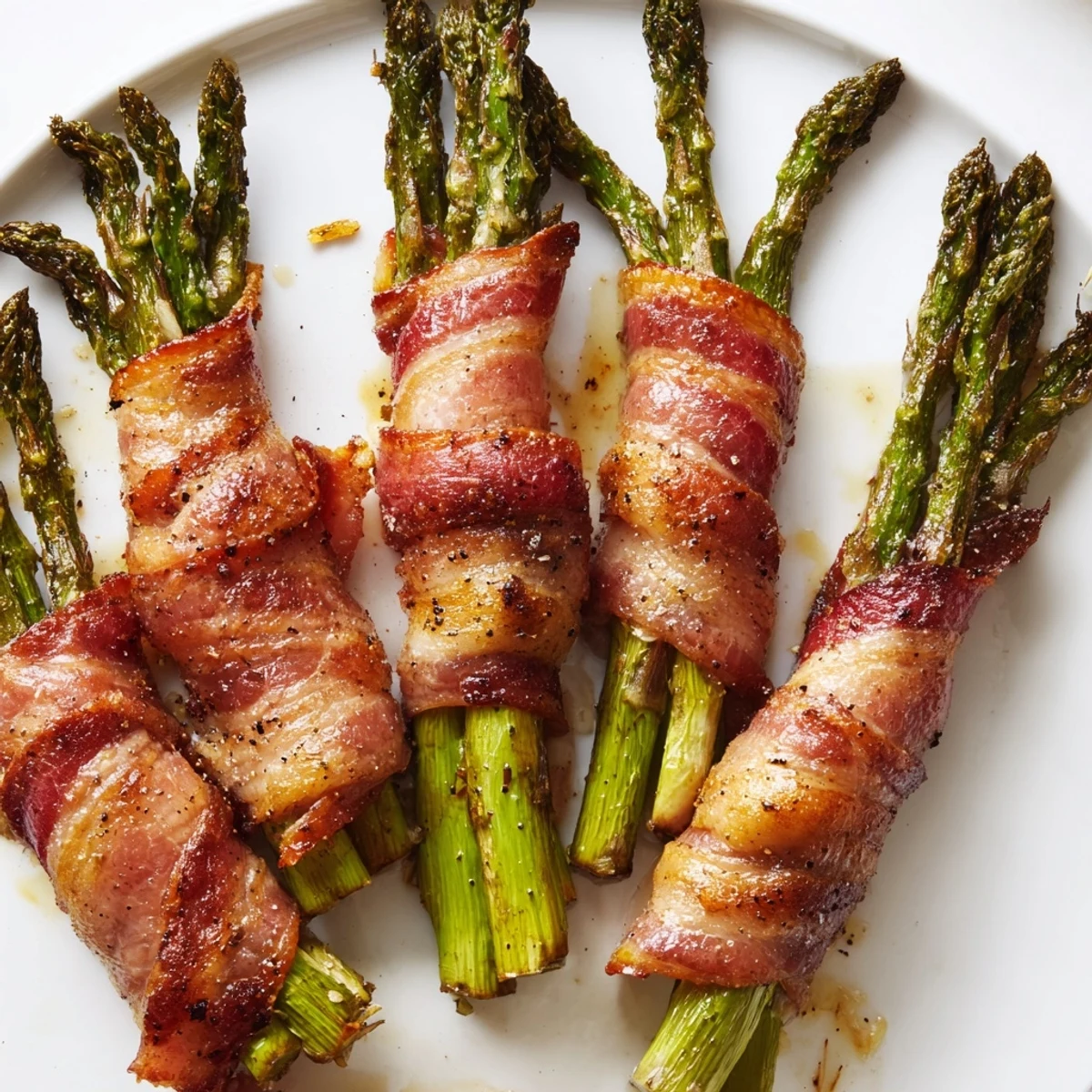 Tender green asparagus spears spiral wrapped in sizzling bacon with minced garlic seasoning